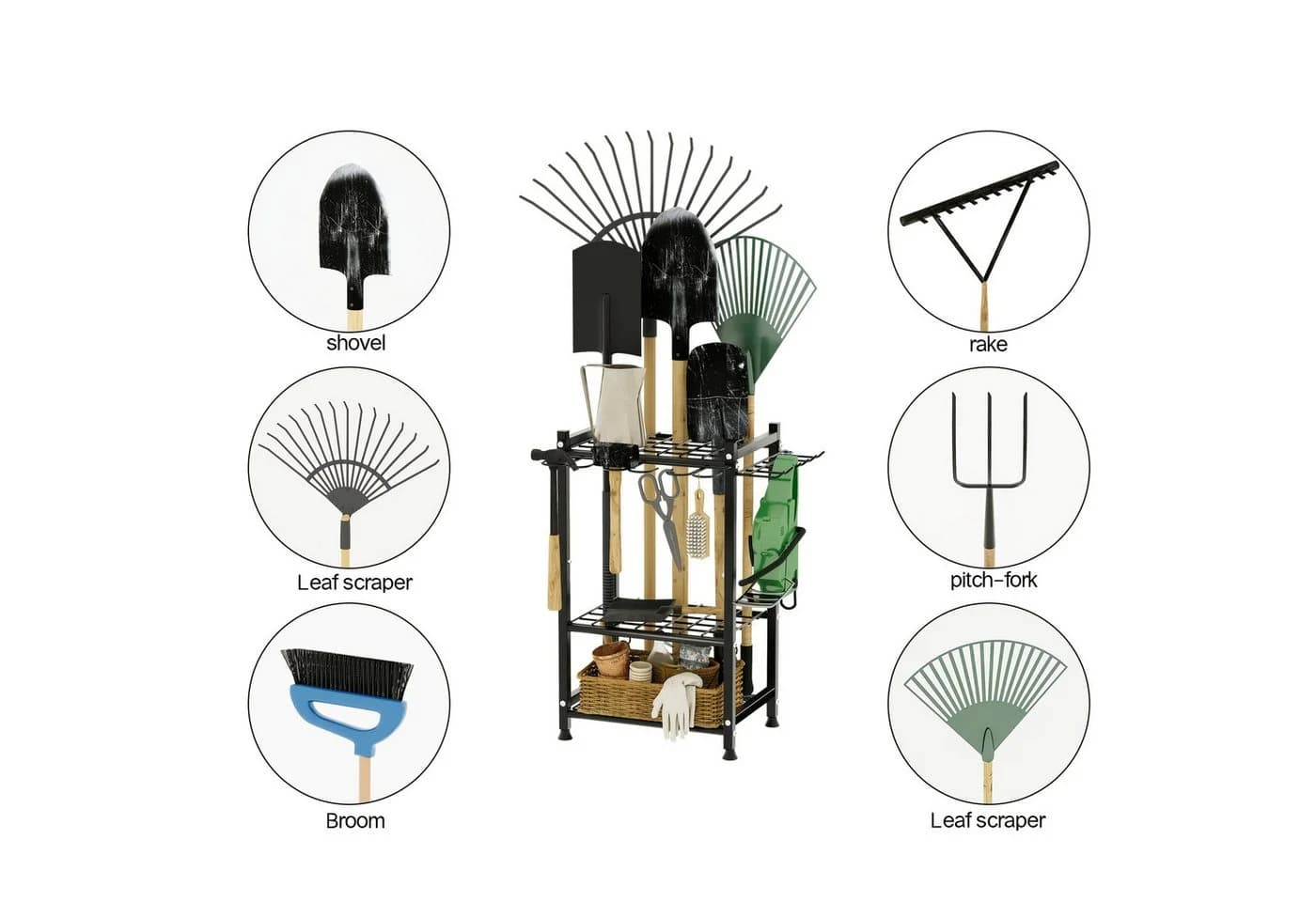 ibettertec Gartengerätehalter mit Haken, Aufbewahrungsregal, Kohlenstoffstahl - Bild 4