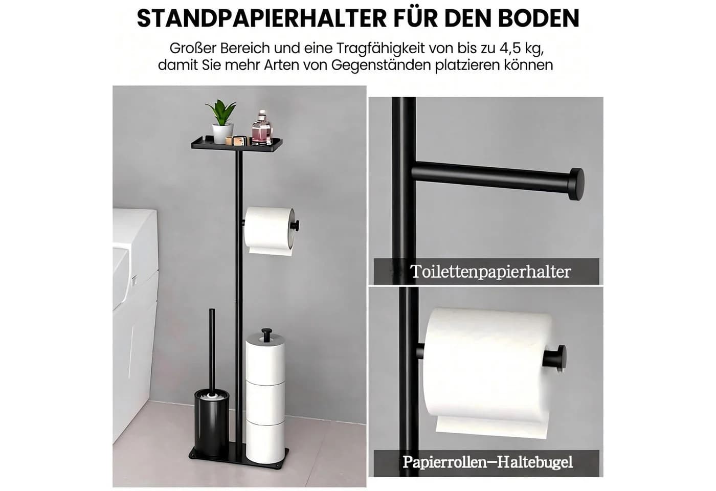 Toomoke Toilettenpapierhalter Freistehend mit Bürste, Schwarz, Modernes Design - Bild 3