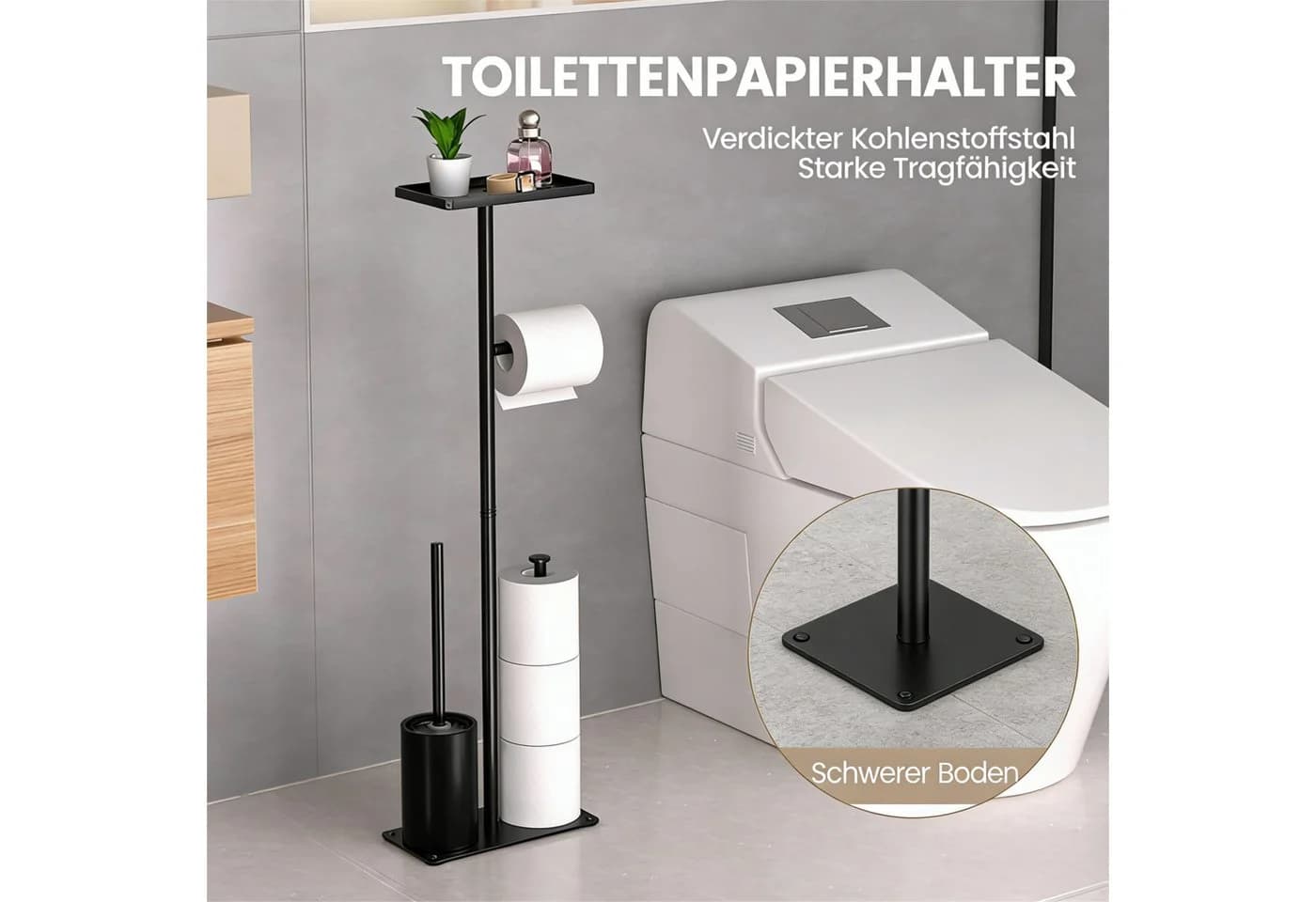 Toomoke Toilettenpapierhalter Freistehend mit Bürste, Schwarz, Modernes Design - Bild 4