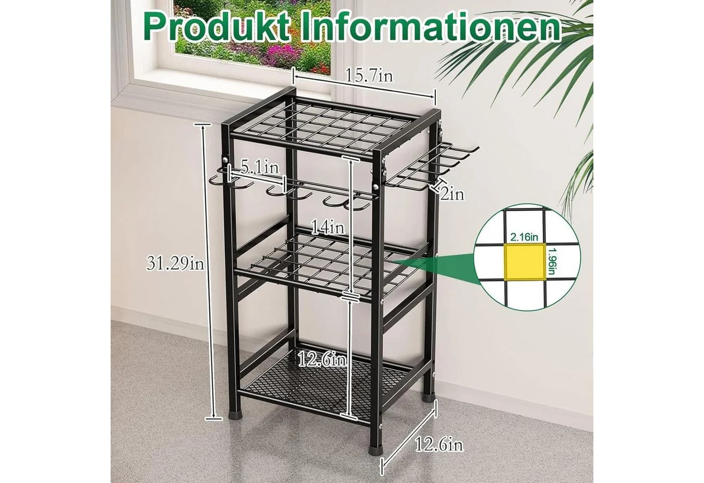 Toomoke Gartengerätehalter mit Haken, Aufbewahrungsregal Kohlenstoffstahl