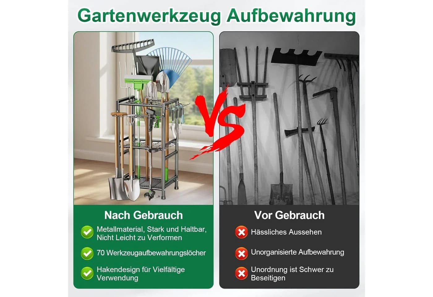 Toomoke Gartengerätehalter mit Haken, Aufbewahrungsregal Kohlenstoffstahl - Bild 3