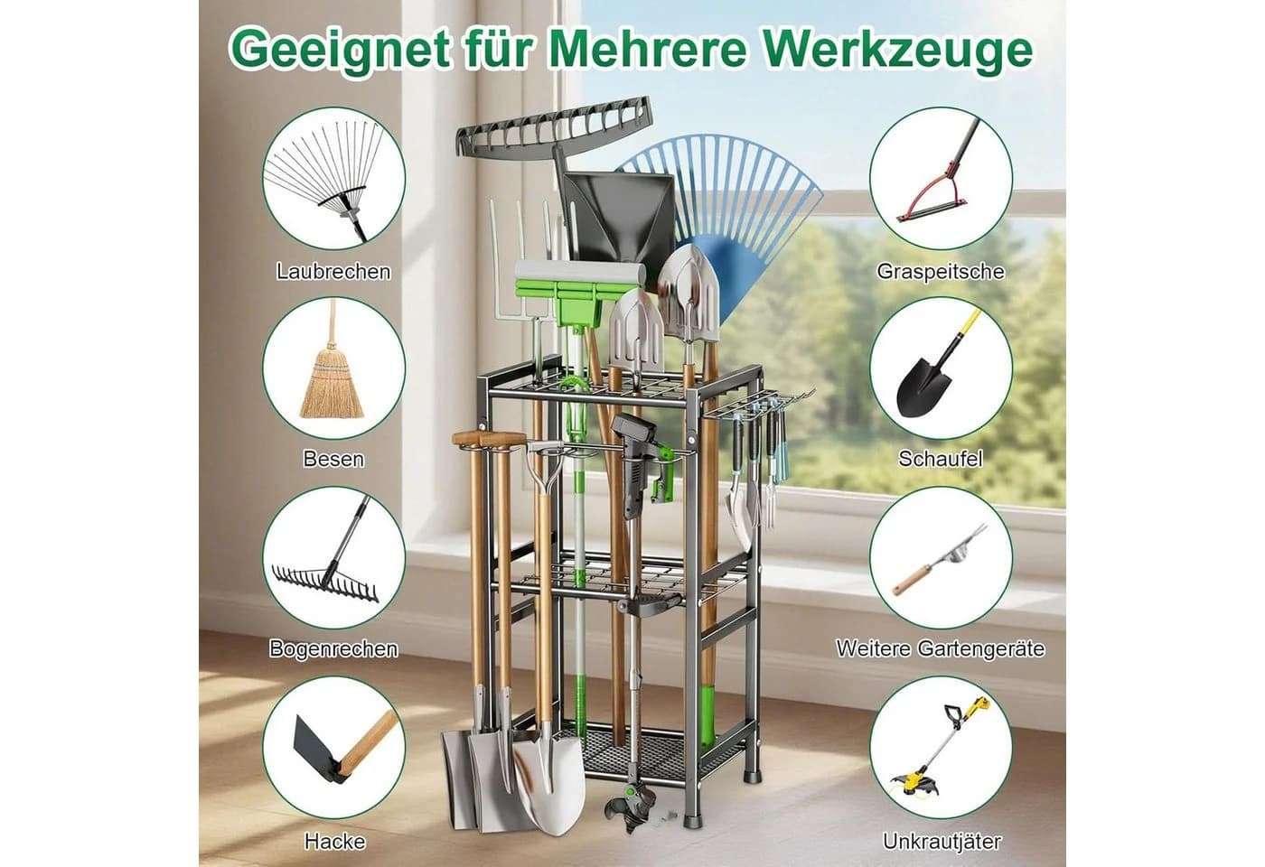 Toomoke Gartengerätehalter mit Haken, Aufbewahrungsregal Kohlenstoffstahl - Bild 4