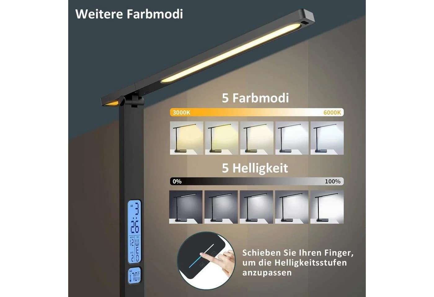 Toomoke LED Schreibtischlampe 3 Lichtfarben Dimmbar Kabelloses Laden USB