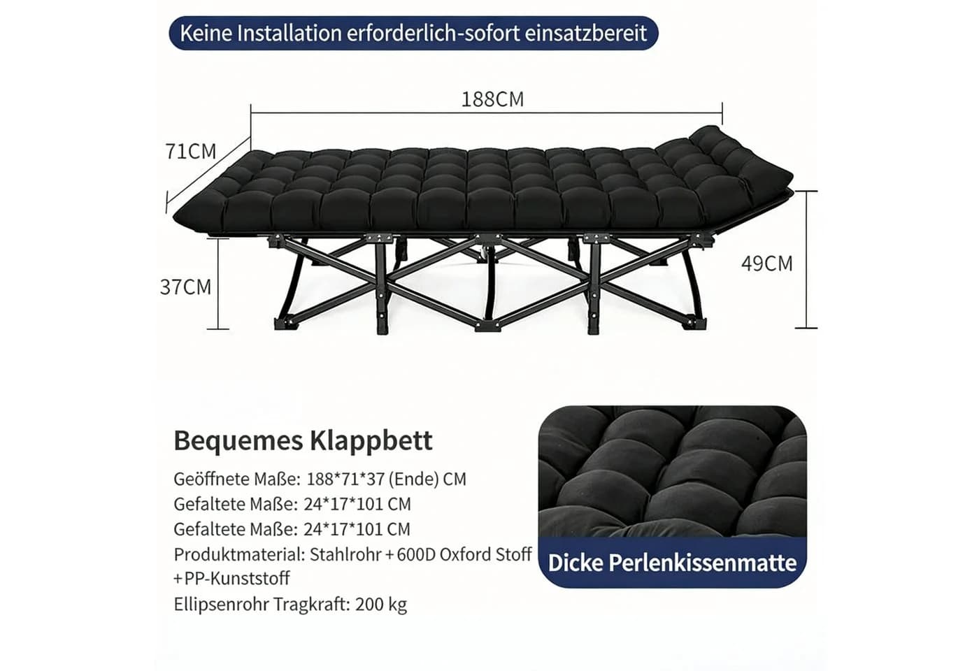 ibettertec Klappbett Camping Bett mit Matratze 200KG Belastbar - Bild 3