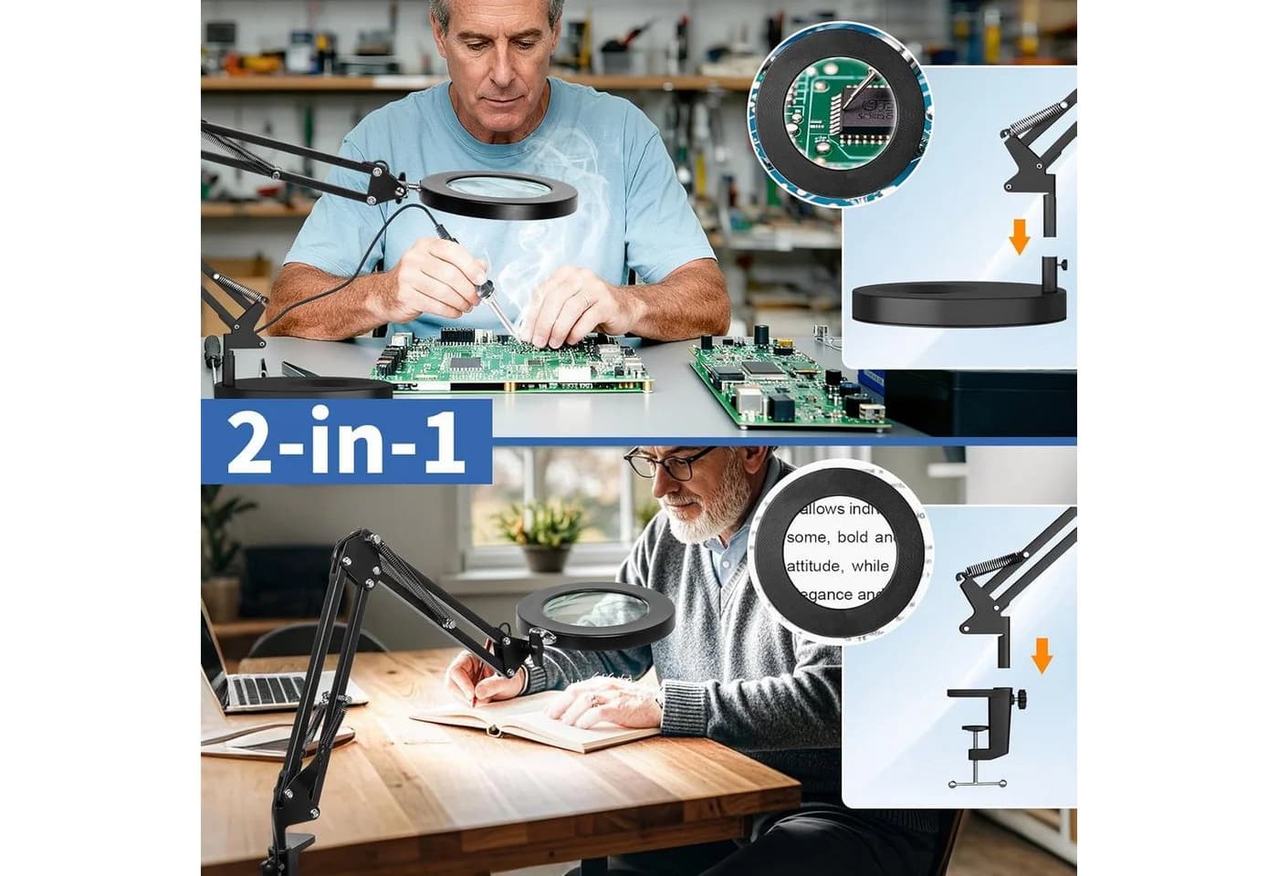 Toomoke Lupenlampe 10X LED mit Klemme, Schwarz, 3 Farbmodi