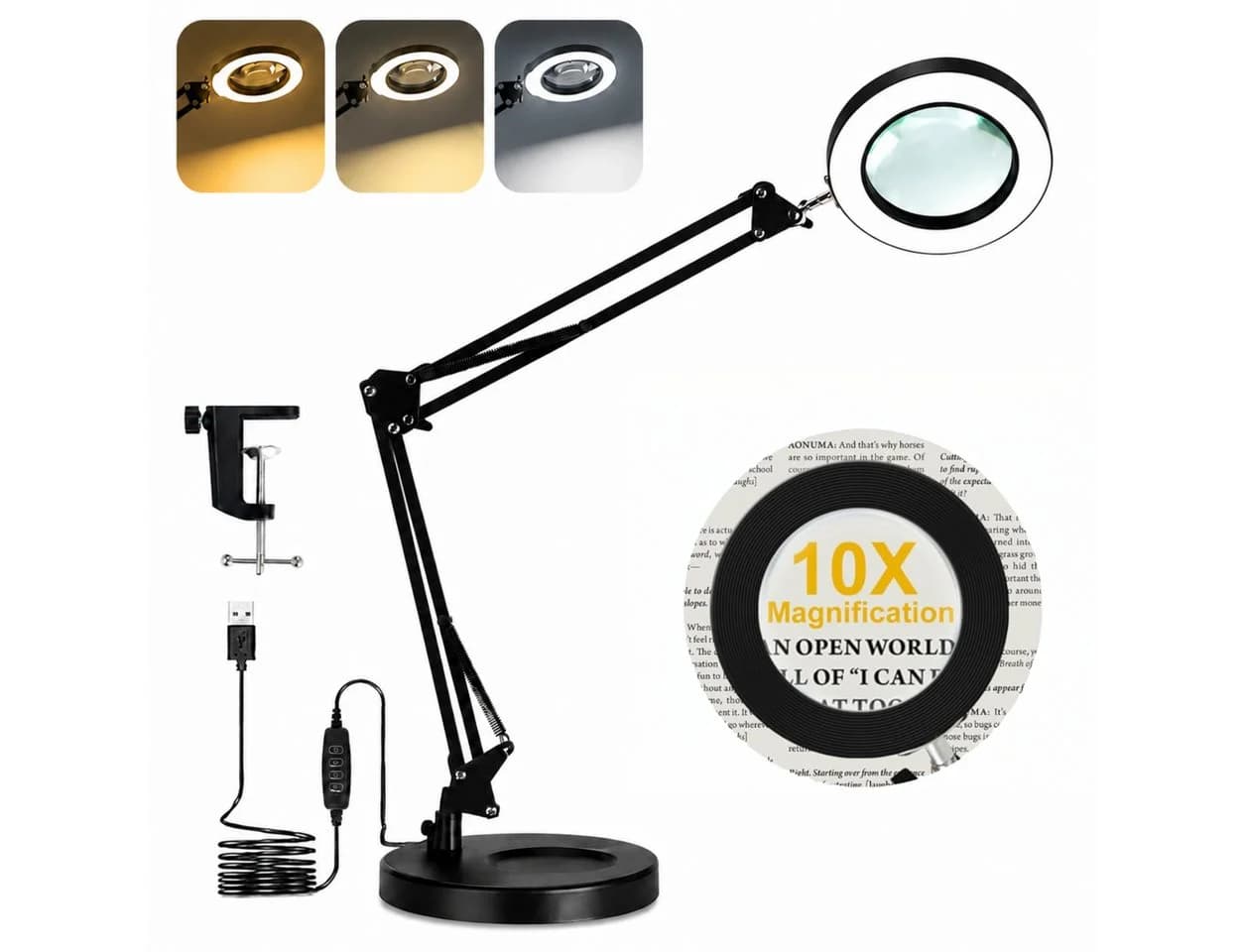 Toomoke Lupenlampe 10X LED mit Klemme, Schwarz, 3 Farbmodi - Bild 2