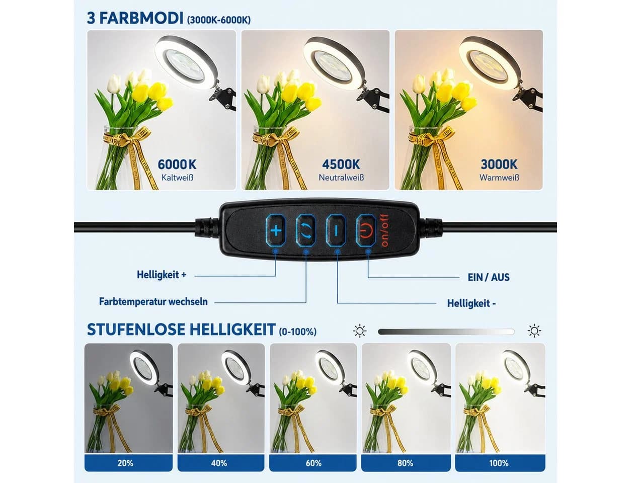 Toomoke Lupenlampe 10X LED mit Klemme, Schwarz, 3 Farbmodi - Bild 5