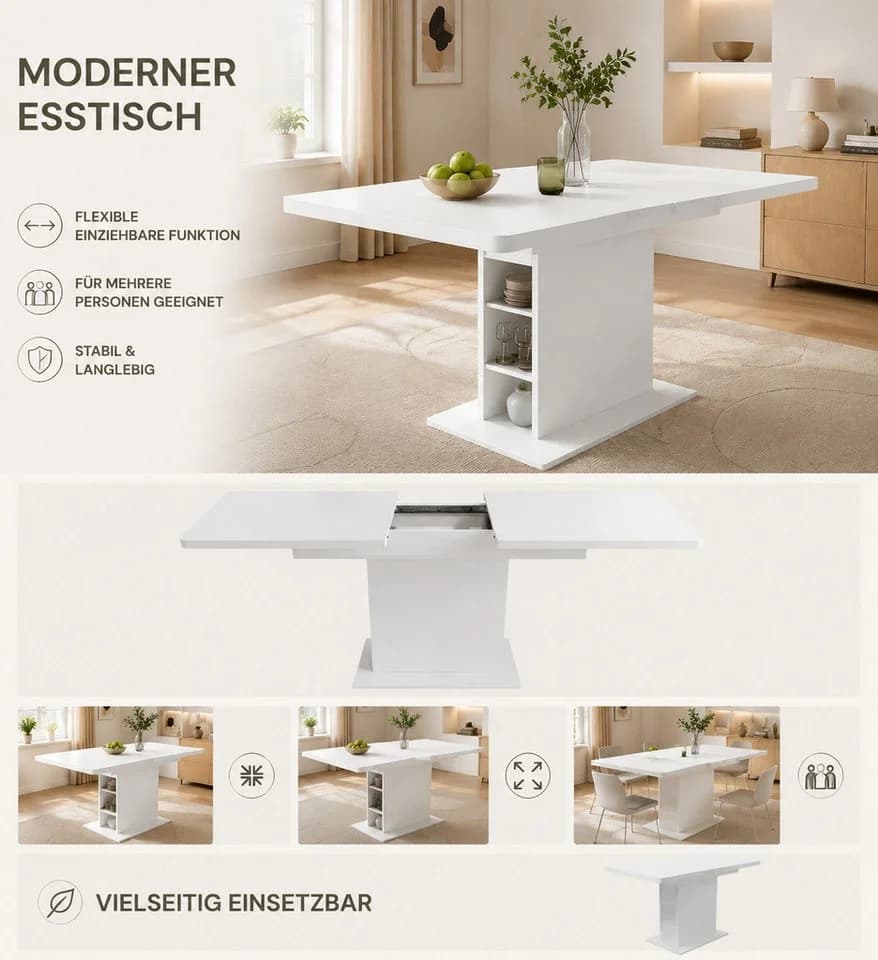KLAM HOME Esstisch Küchentisch mit Stauraum Ausziehbar 110x70x75 cm - Bild 5