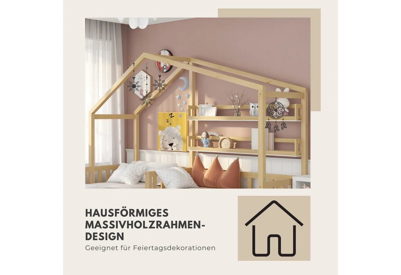 SeedWave Hausbett Kinderbett mit Schubladen und Regalen, Zwei Betten, Dachkonstruktion, Eck-L-förmiges Bett Design, Massivholzrahmen