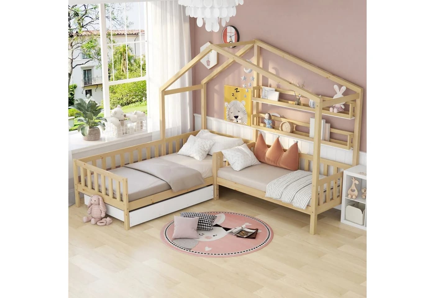 SeedWave Hausbett Kinderbett mit Schubladen und Regalen, Zwei Betten, Dachkonstruktion, Eck-L-förmiges Bett Design, Massivholzrahmen - Bild 2
