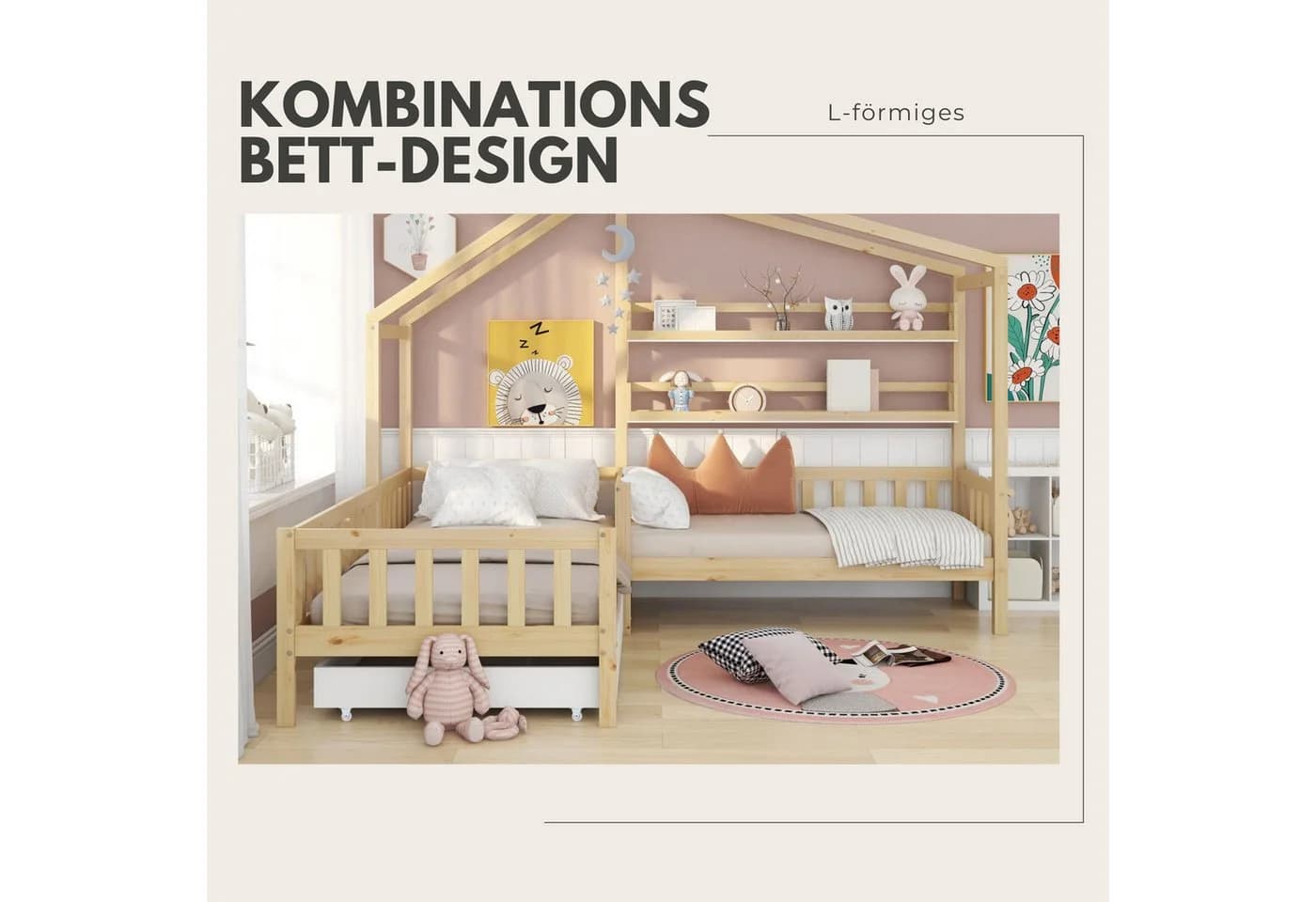 SeedWave Hausbett Kinderbett mit Schubladen und Regalen, Zwei Betten, Dachkonstruktion, Eck-L-förmiges Bett Design, Massivholzrahmen - Bild 4
