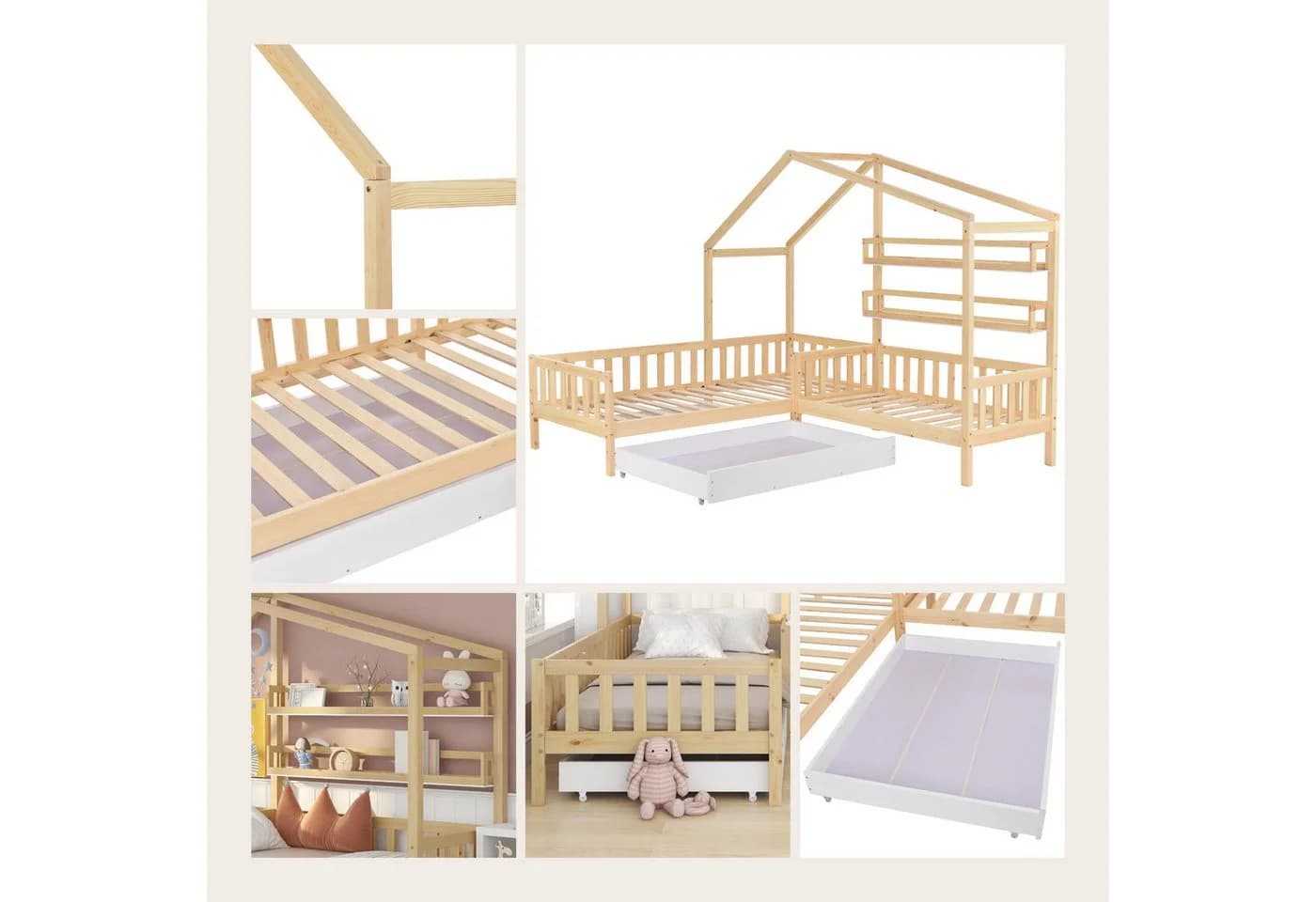 SeedWave Hausbett Kinderbett mit Schubladen und Regalen, Zwei Betten, Dachkonstruktion, Eck-L-förmiges Bett Design, Massivholzrahmen - Bild 5