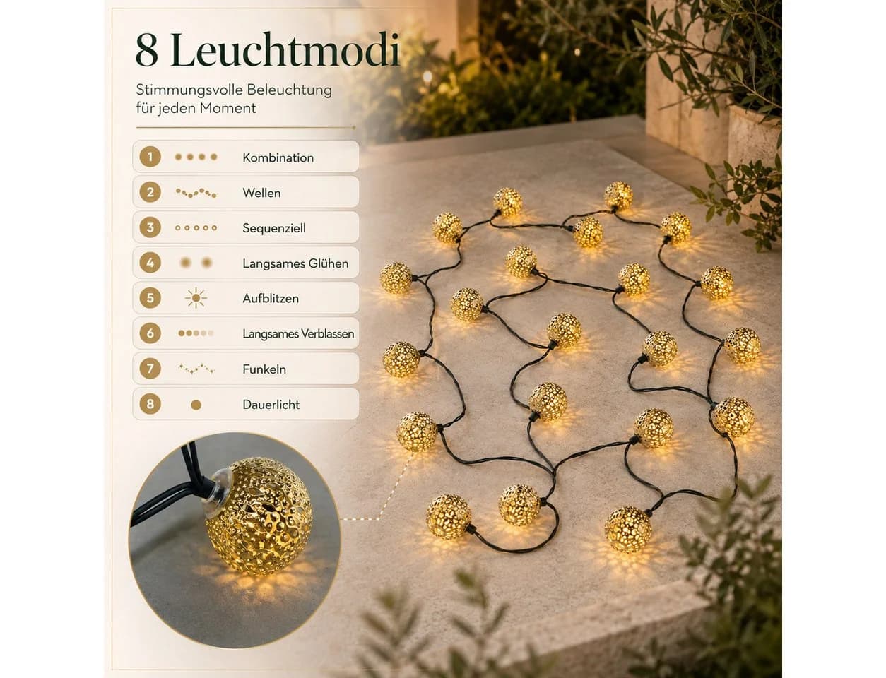 ibettertec LED Solarleuchte Outdoor Lichterkette 20 Kugeln Warmweiß - Bild 3