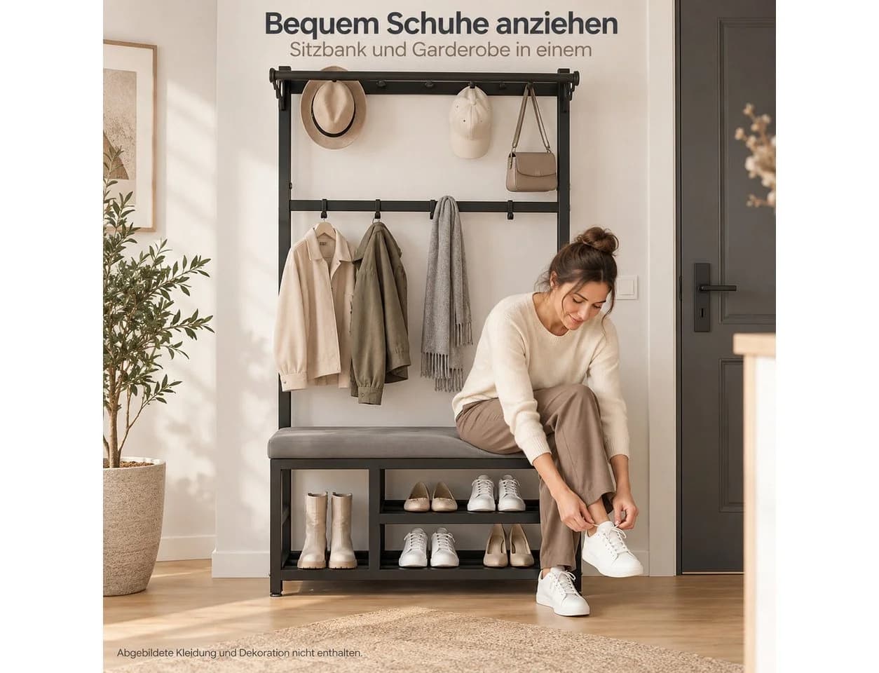 Fyrove Garderobe mit Schuhbank & Regal, Schwarz/Grau, Industrial Design