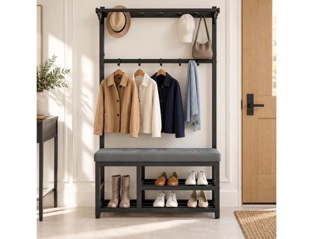 Fyrove Garderobe mit Schuhbank & Regal, Schwarz/Grau, Industrial Design - Bild 2