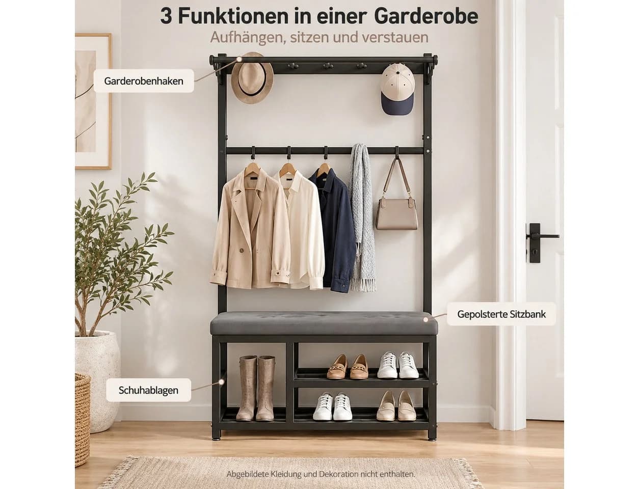 Fyrove Garderobe mit Schuhbank & Regal, Schwarz/Grau, Industrial Design - Bild 5