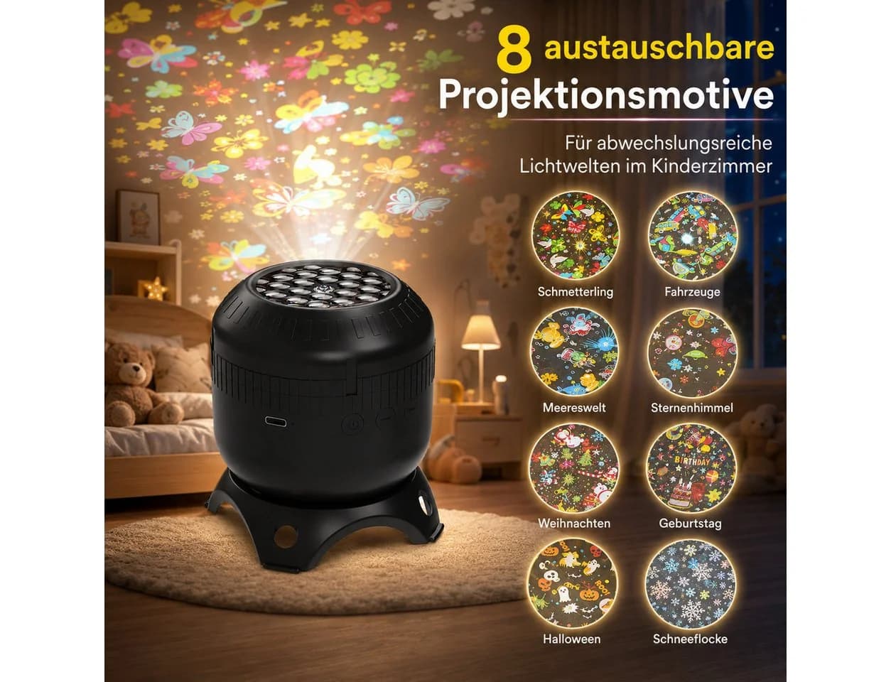 Vornix Projektionslampe mit 8 Wechselmotiven, USB-C, drehbare Projektion - Bild 3