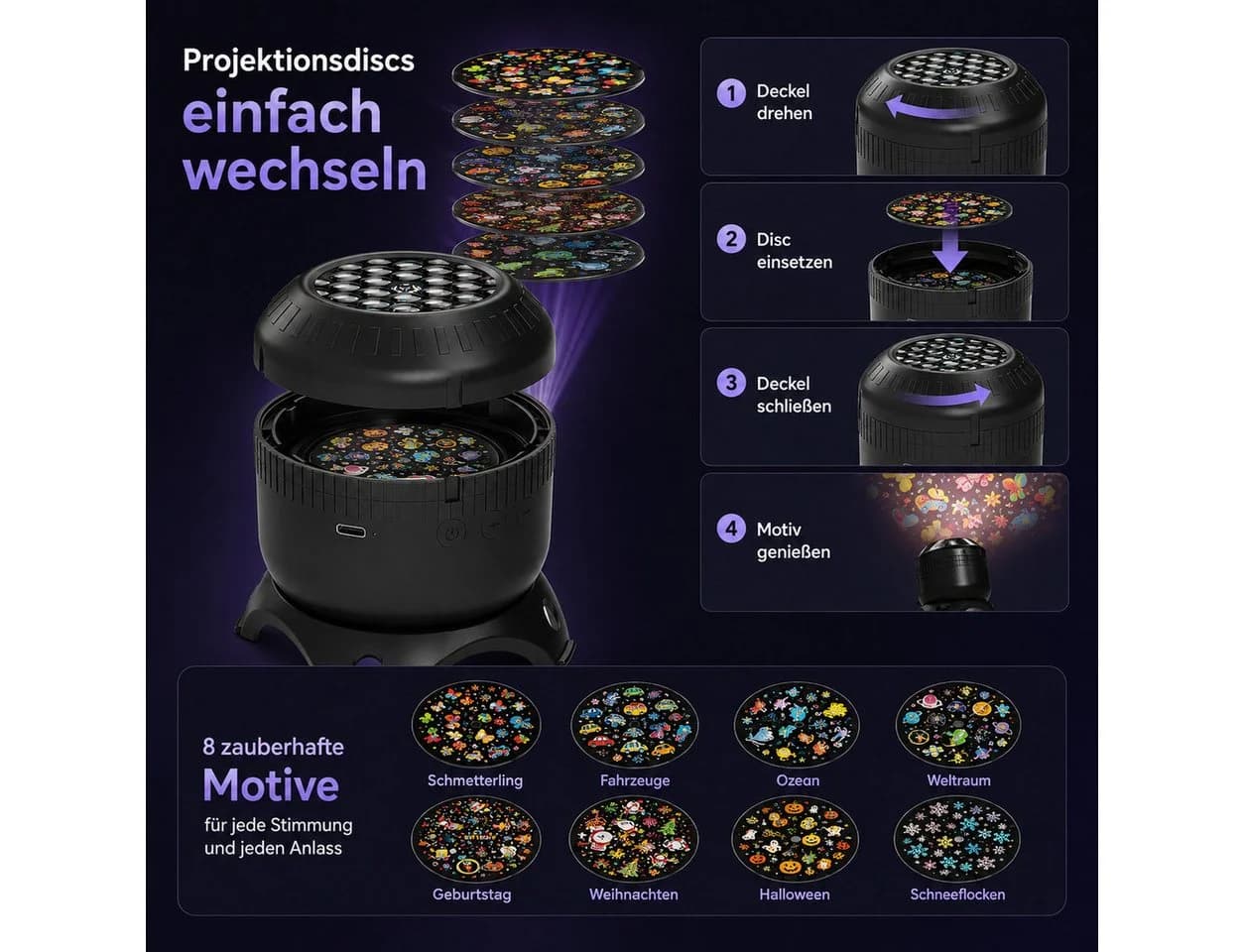 Vornix Projektionslampe mit 8 Wechselmotiven, USB-C, drehbare Projektion - Bild 4
