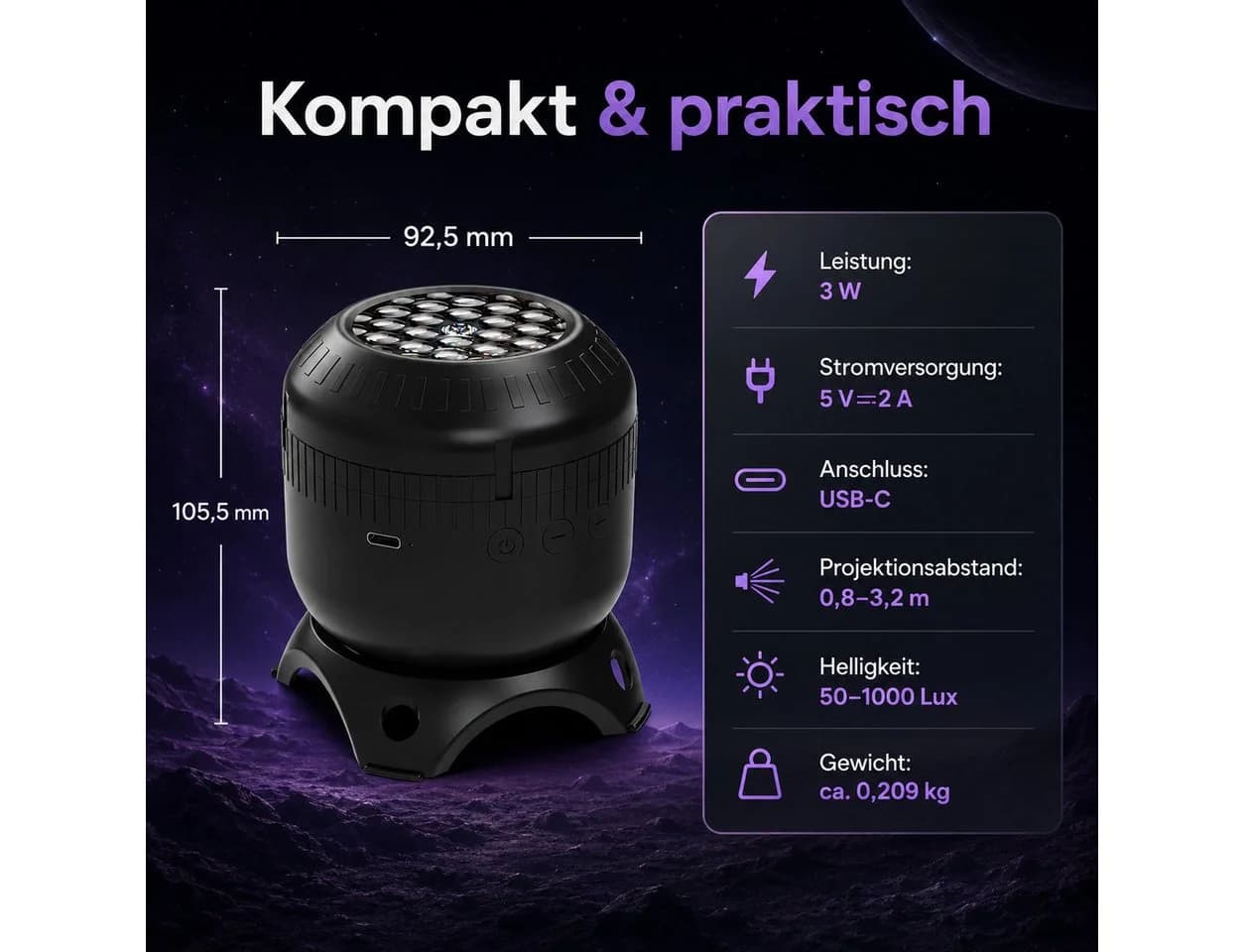 Vornix Projektionslampe mit 8 Wechselmotiven, USB-C, drehbare Projektion - Bild 5
