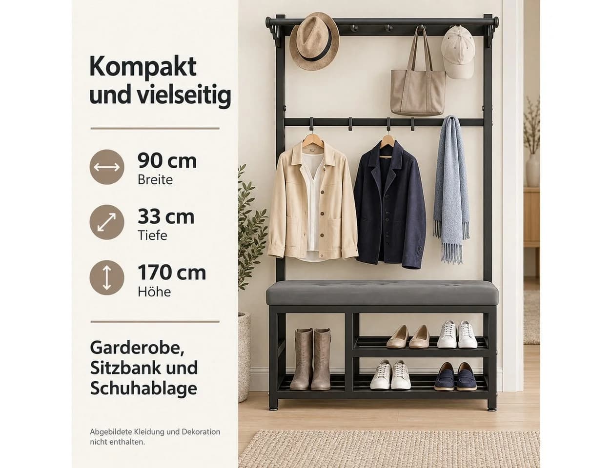 Fyrove Garderobenständer mit Schuhregal, Sitzbank und 9 Haken Schwarz/Grau