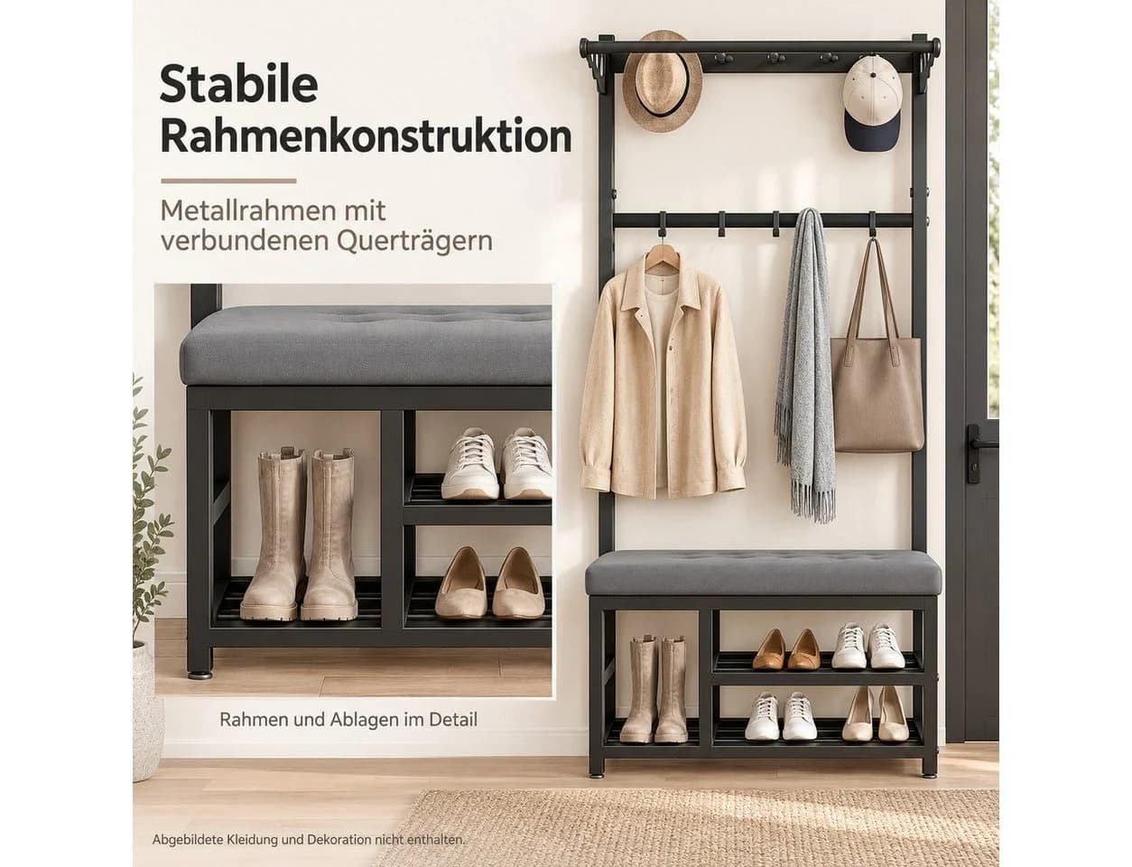 Fyrove Garderobenständer mit Schuhregal, Sitzbank und 9 Haken Schwarz/Grau - Bild 3