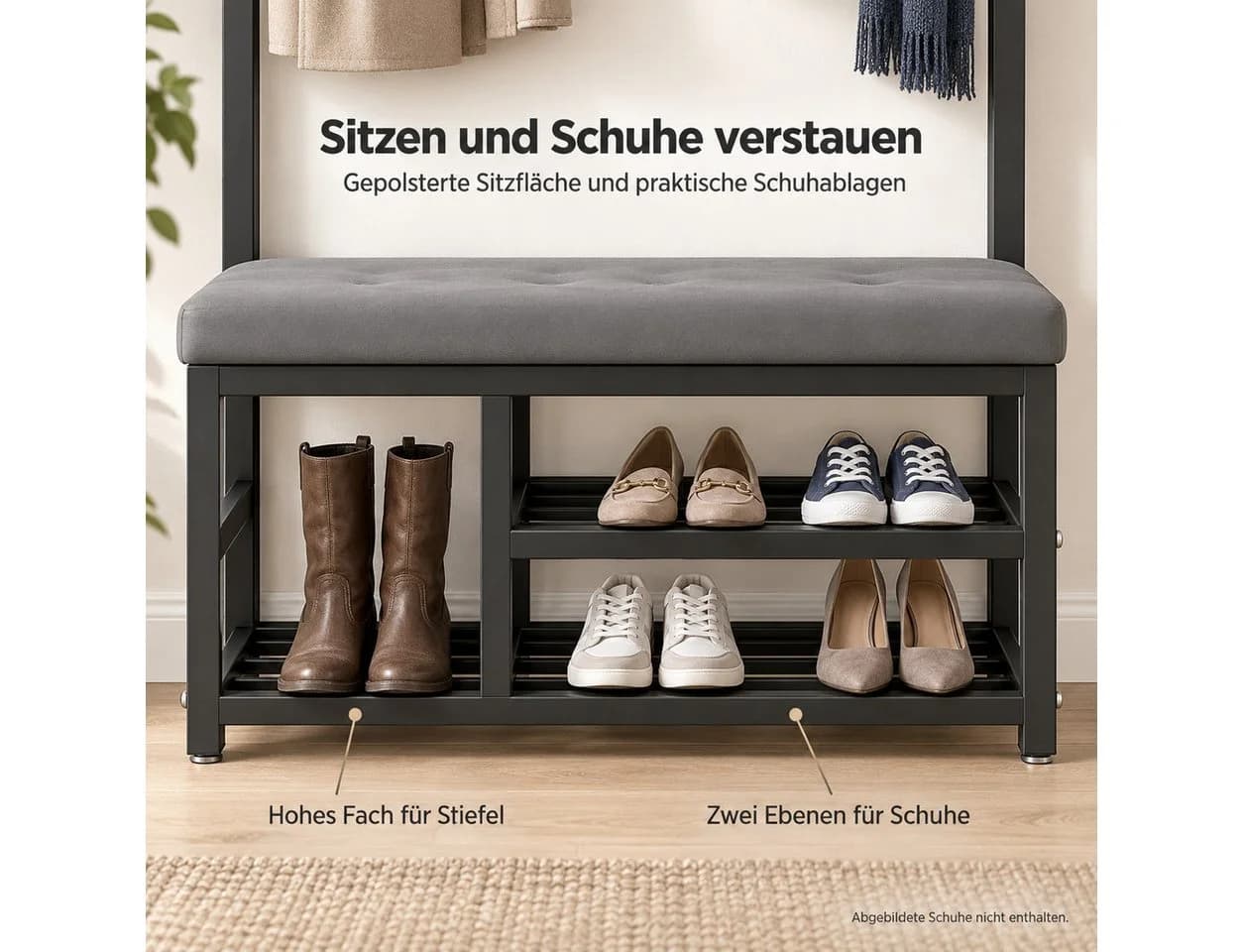 Fyrove Garderobenständer mit Schuhregal, Sitzbank und 9 Haken Schwarz/Grau - Bild 4
