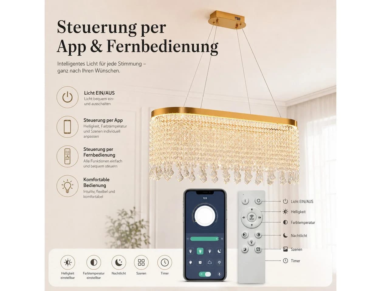 Fyrove Kristall Pendelleuchte dimmbar 80cm App Fernbedienung LED 70W gold - Bild 3