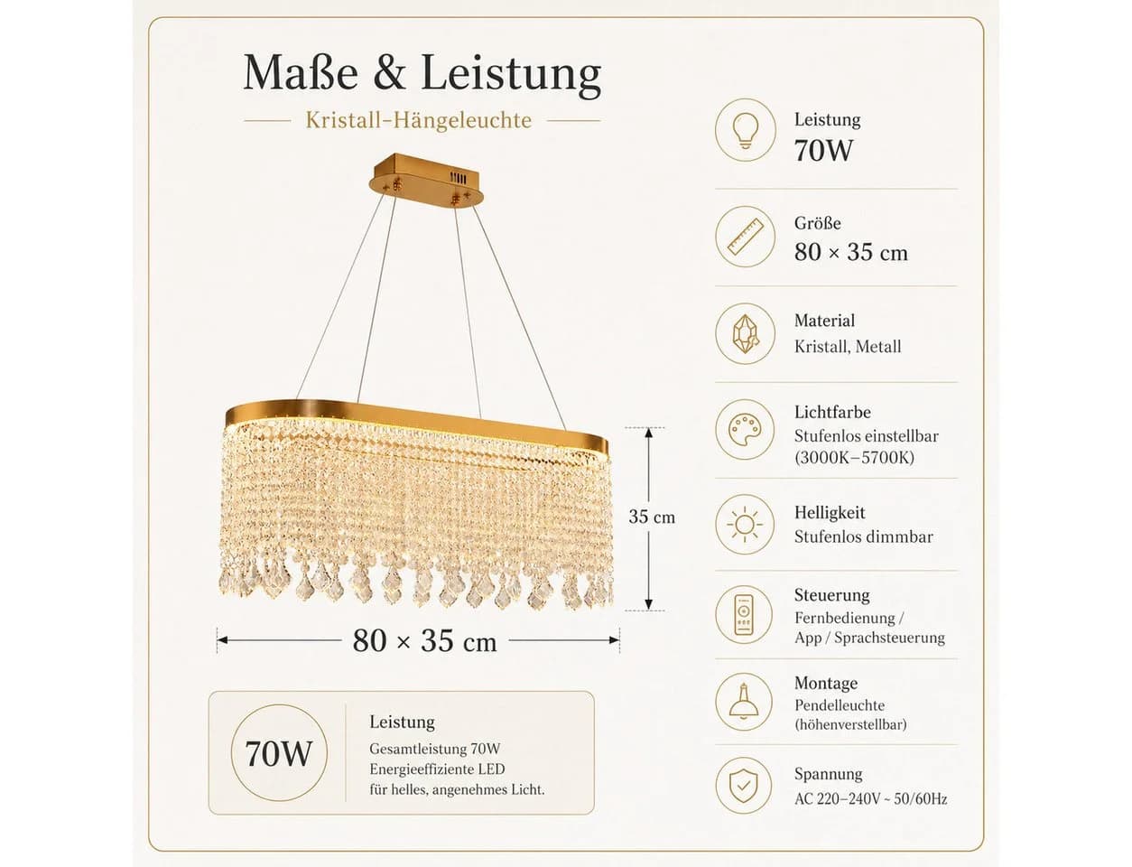 Fyrove Kristall Pendelleuchte dimmbar 80cm App Fernbedienung LED 70W gold - Bild 5