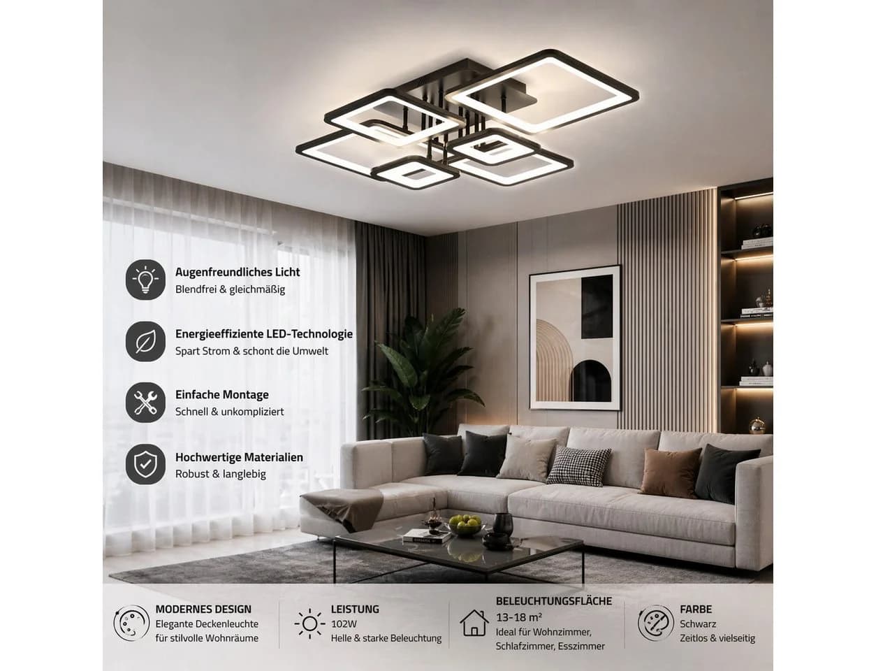 Fyrove LED Deckenlampe 6 Rahmen Schwarz Dimmbar mit Fernbedienung - Bild 5