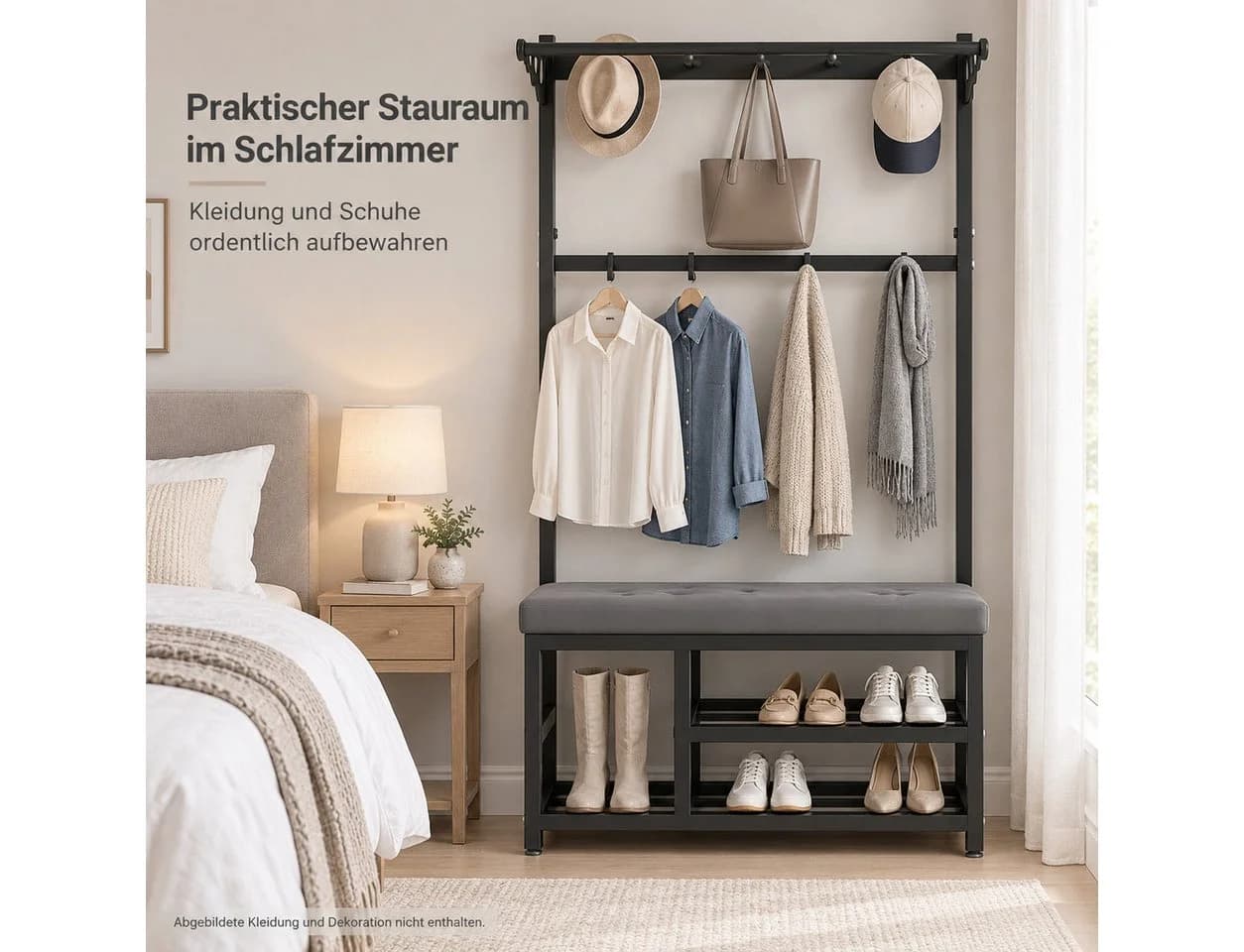 Vornix Garderobenständer mit 9 Haken und Schuhbank Schwarz - Bild 5