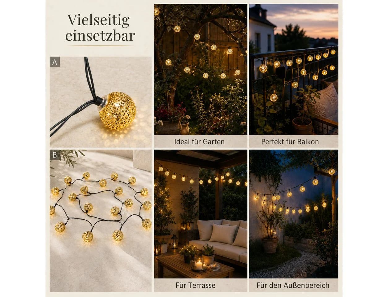 Fyrove LED Solarleuchte Outdoor Lichterkette 20 Kugeln Warmweiß - Bild 4