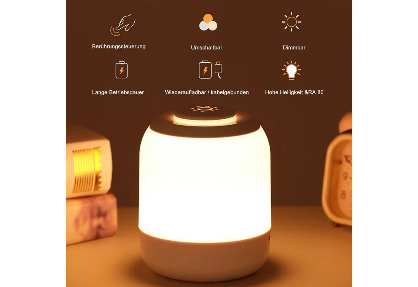 Vornix LED Nachtlicht Touch Nachttischlampe wiederaufladbar weiß