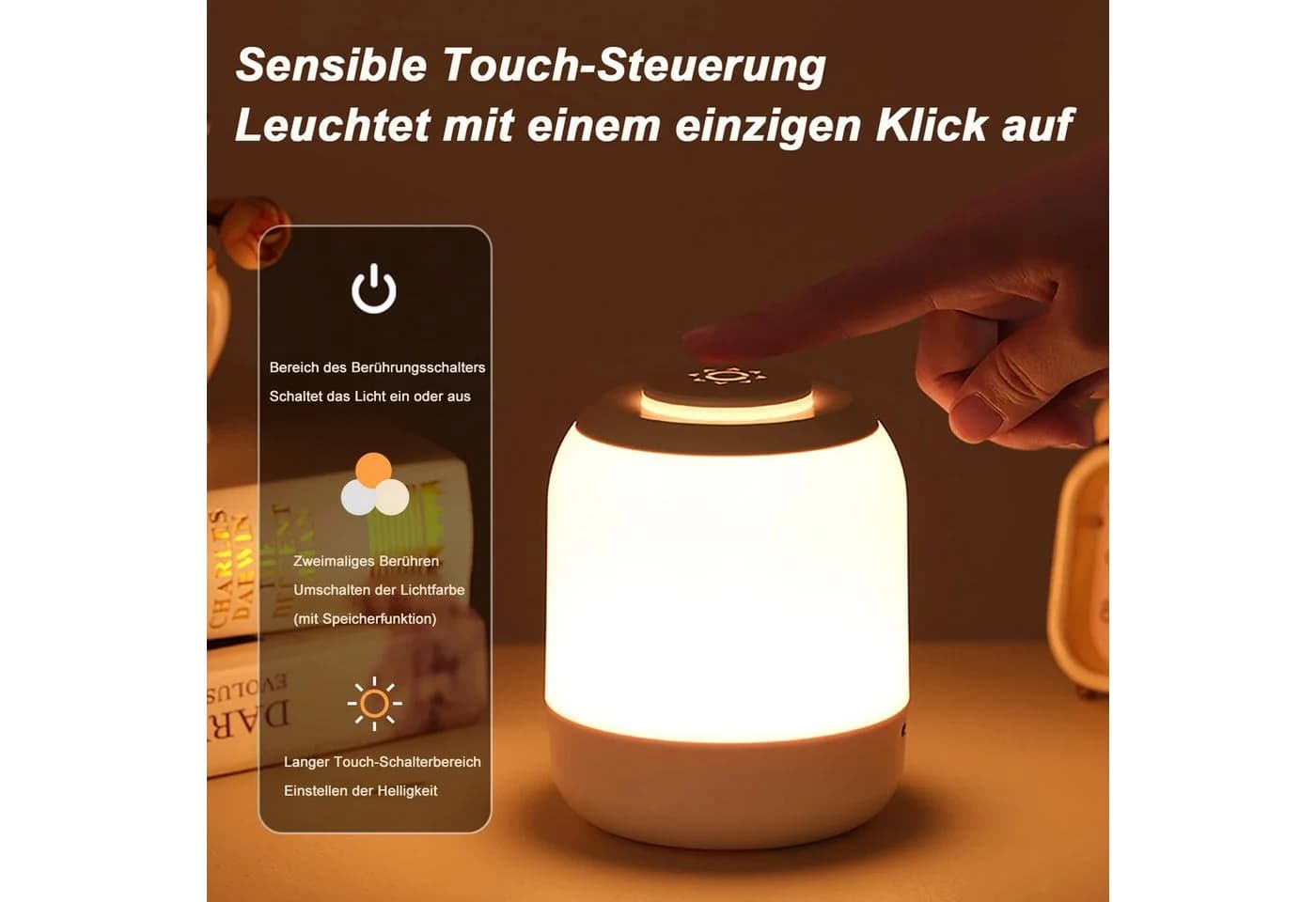 Vornix LED Nachtlicht Touch Nachttischlampe wiederaufladbar weiß - Bild 3