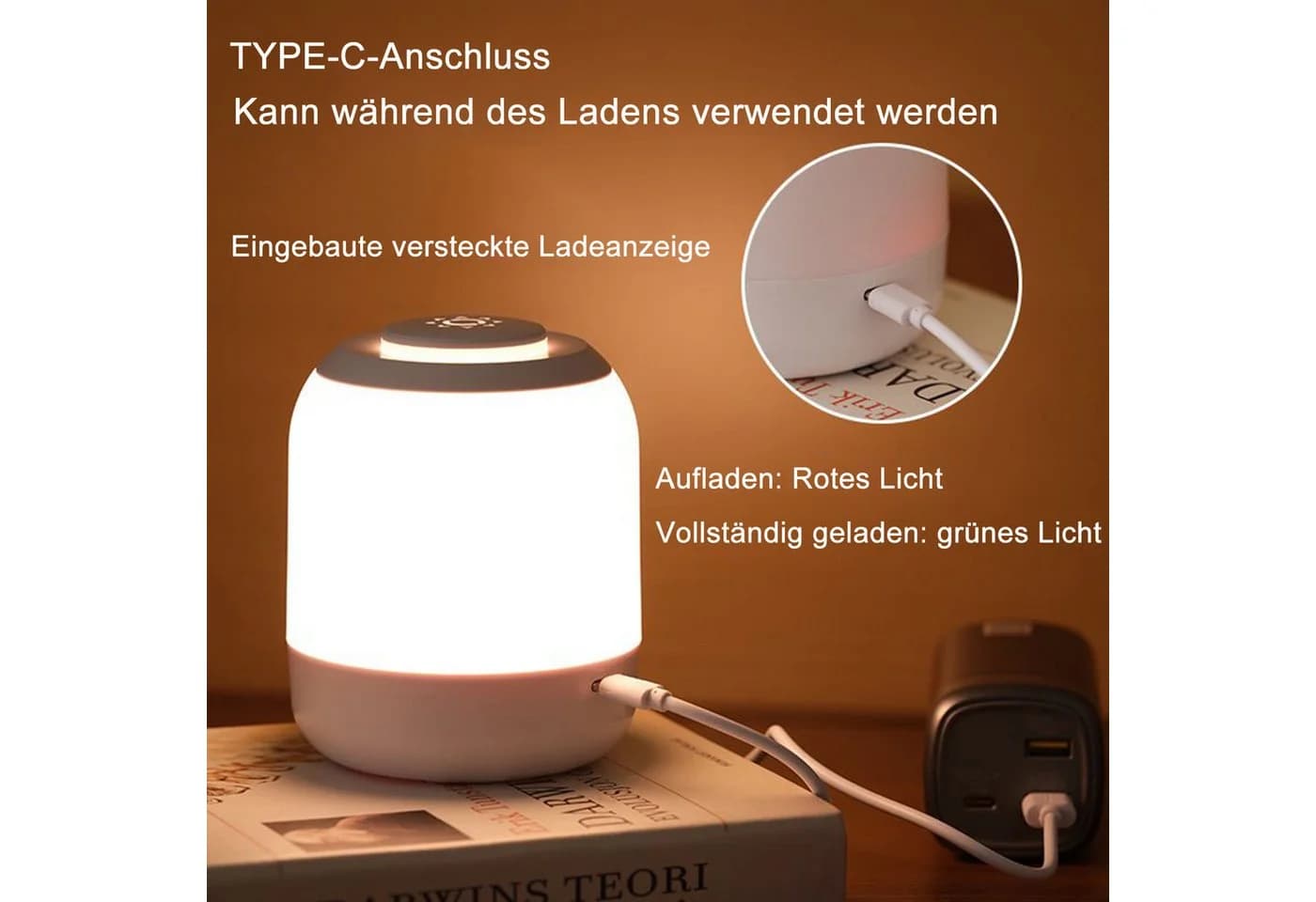 Vornix LED Nachtlicht Touch Nachttischlampe wiederaufladbar weiß - Bild 5