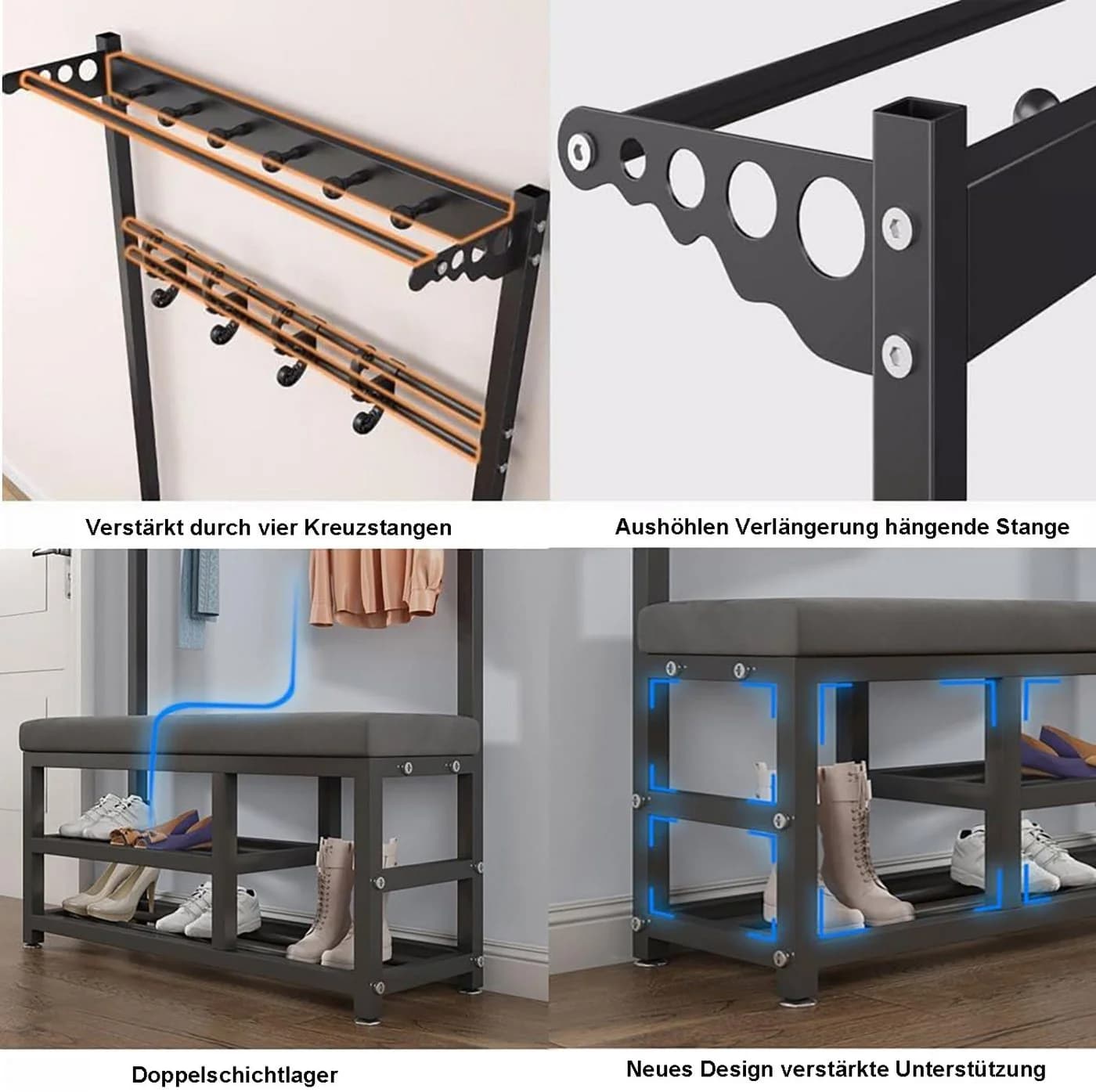 ibettertec Garderobenständer mit Schuhbank, 9 Haken & 3 Ablagen, Schwarz/Grau - Bild 5