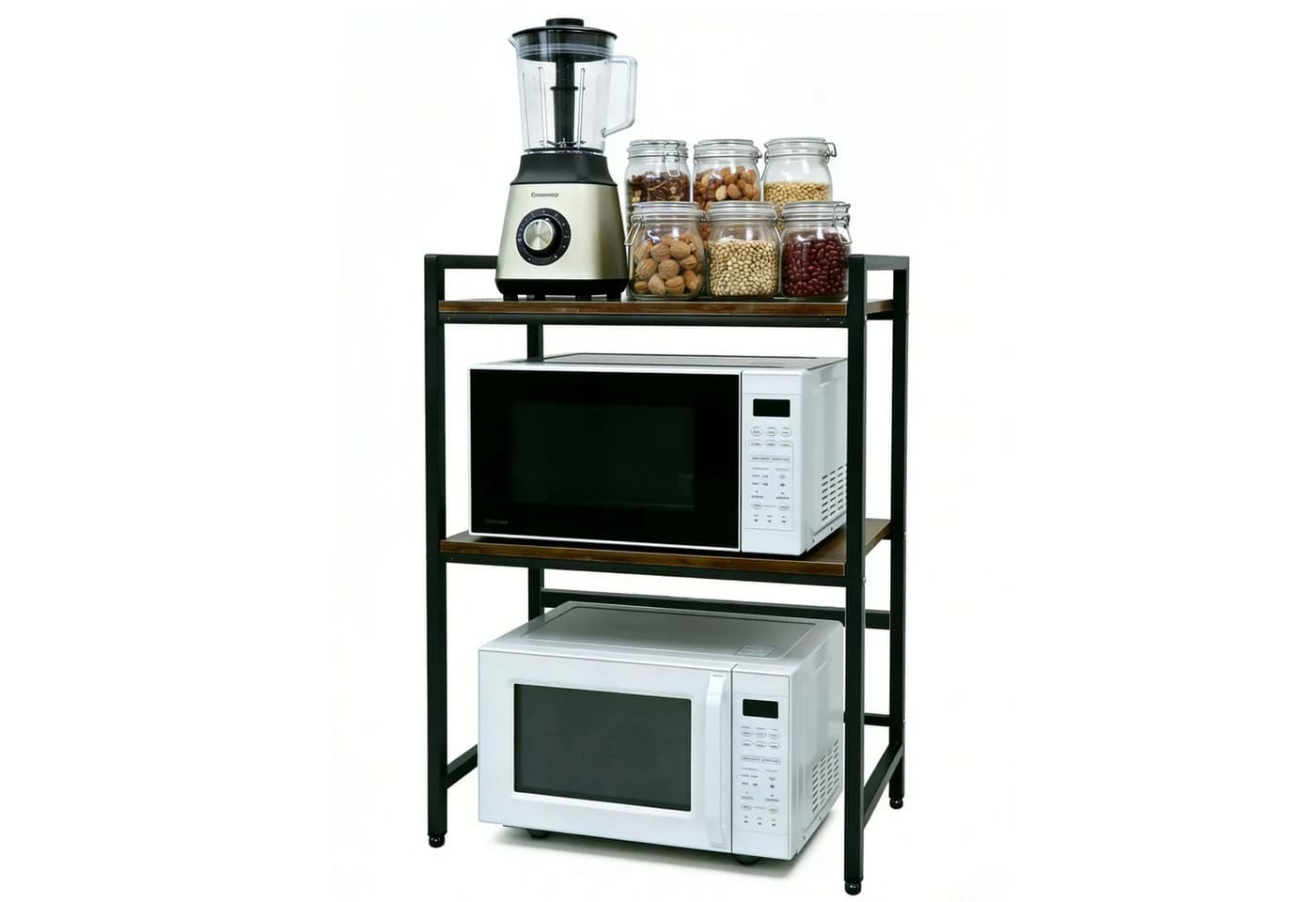 ibettertec Mikrowellenregal 2-stufig Schwarz Edelstahl Holz