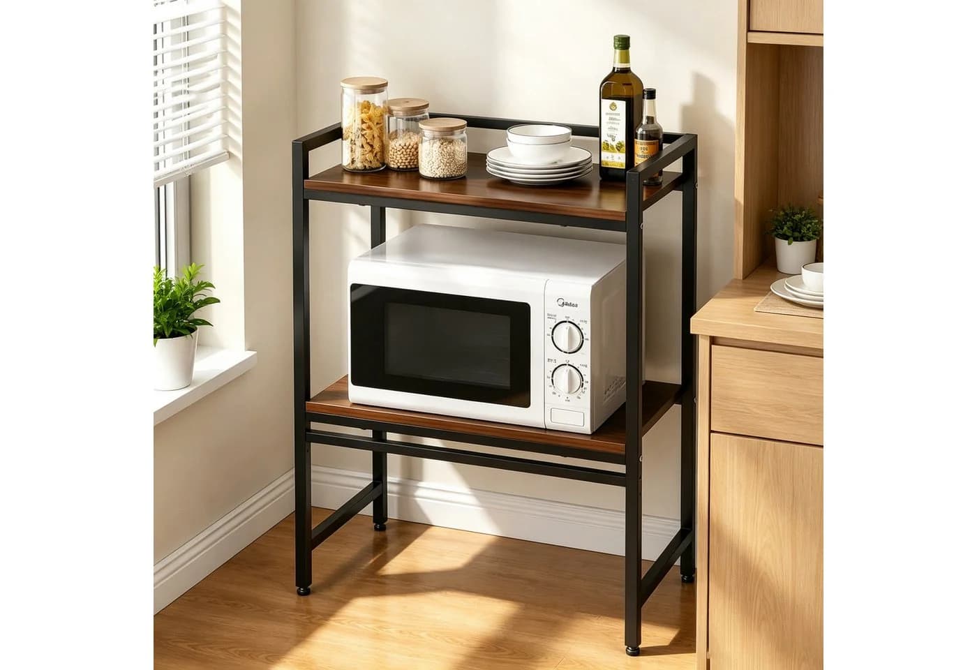 ibettertec Mikrowellenregal 2-stufig Schwarz Edelstahl Holz - Bild 2
