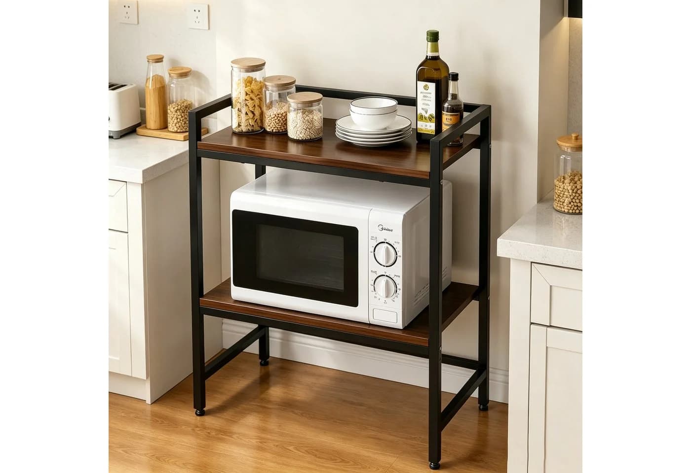 ibettertec Mikrowellenregal 2-stufig Schwarz Edelstahl Holz - Bild 4