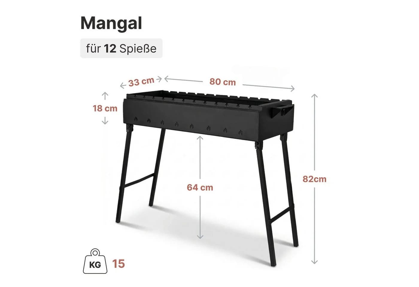 BIG-PAN Klappbarer Holzkohlegrill 80 cm mit 12 Edelstahl-Spießen & Zubehör