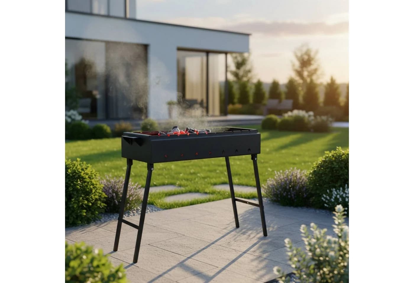 BIG-PAN Klappbarer Holzkohlegrill 80 cm mit 12 Edelstahl-Spießen & Zubehör - Bild 3