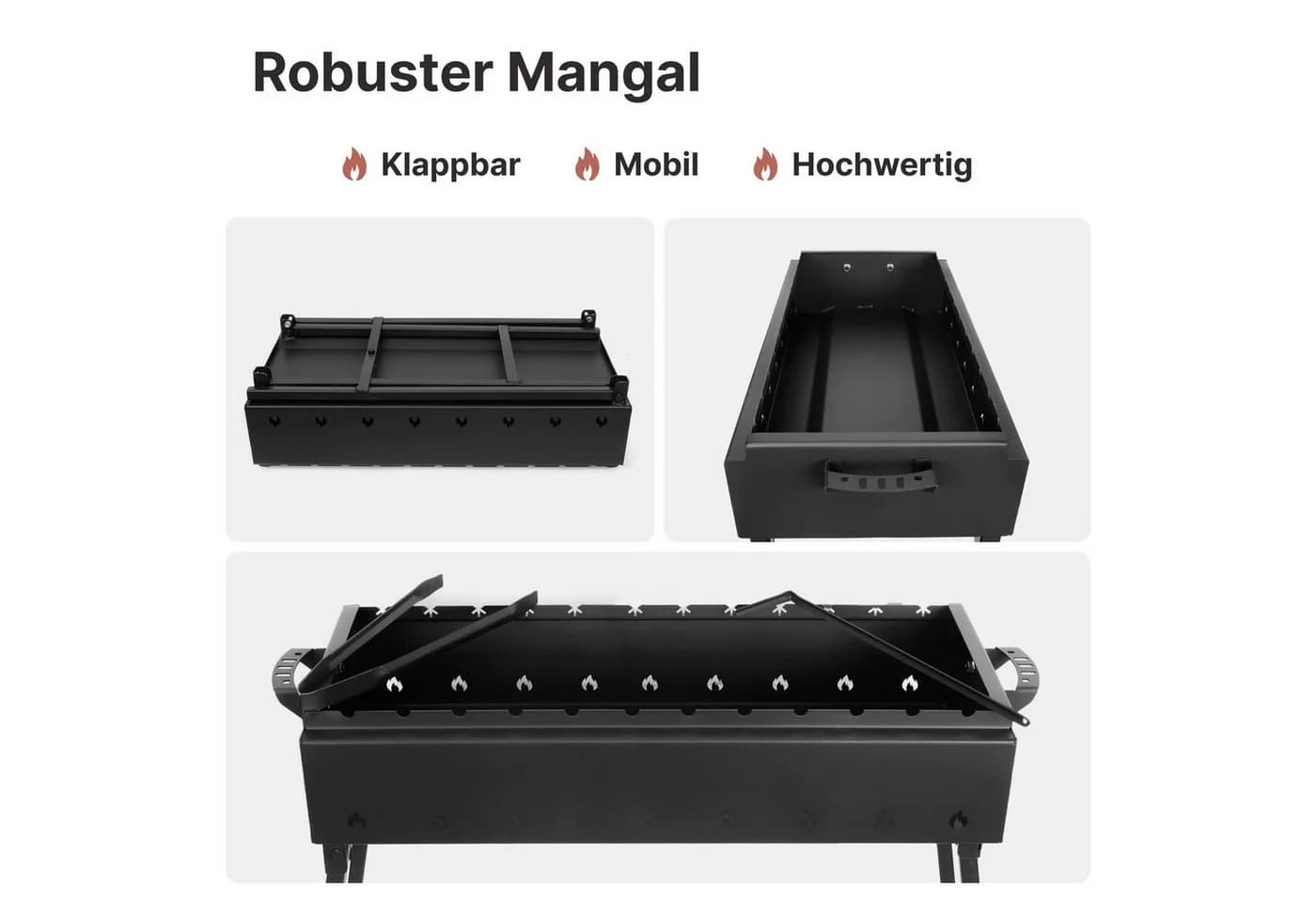 BIG-PAN Klappbarer Holzkohlegrill 80 cm mit 12 Edelstahl-Spießen & Zubehör - Bild 4