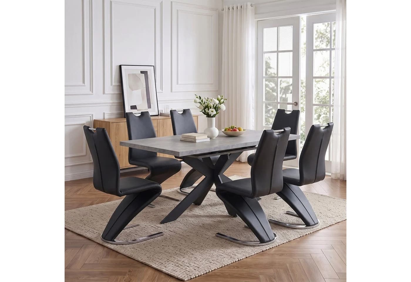 Jiexi Essgruppe Ausziehbar 160-200cm MDF Schwarz PU Leder Freischwinger - Bild 2