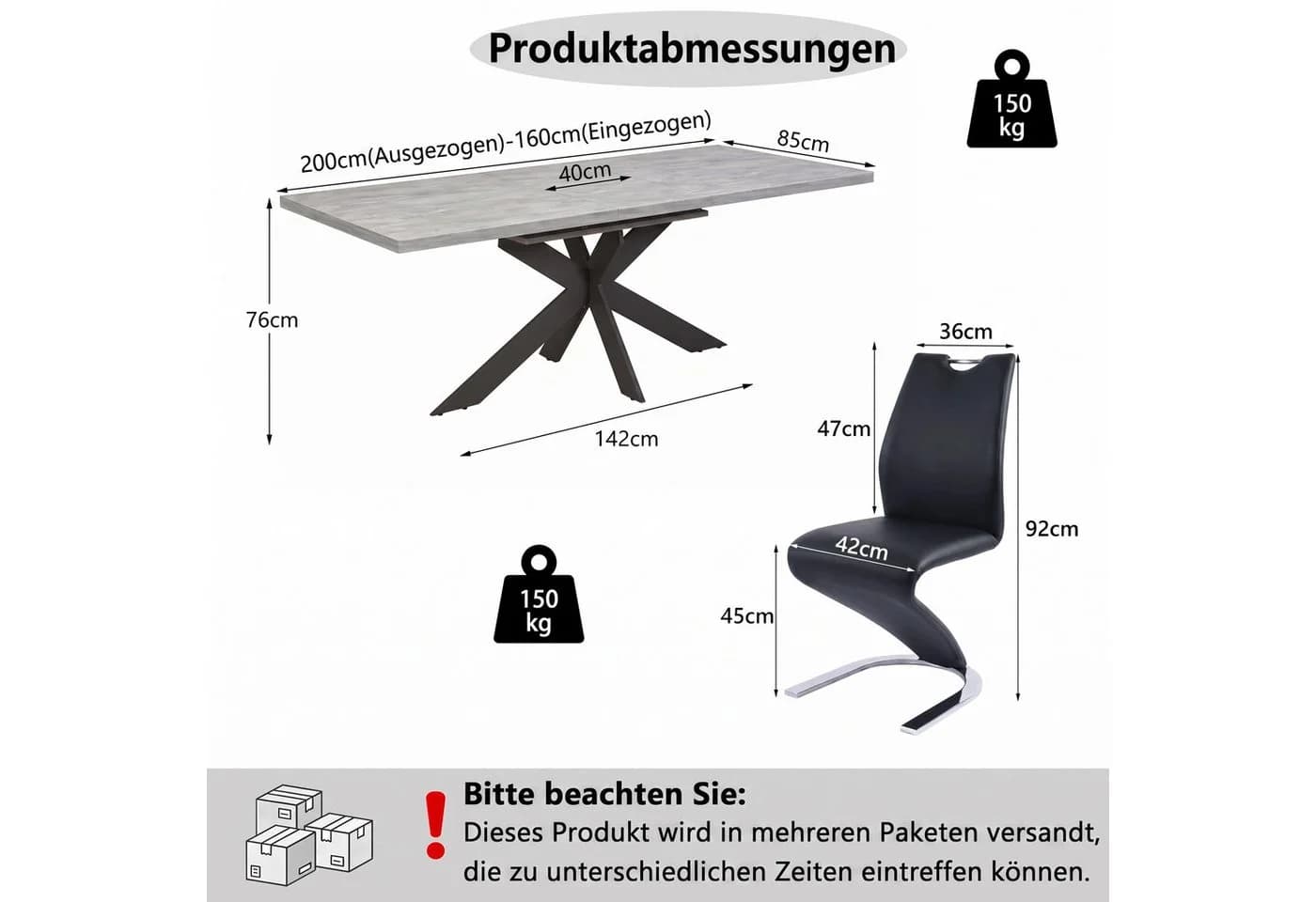 Jiexi Essgruppe Ausziehbar 160-200cm MDF Schwarz PU Leder Freischwinger - Bild 3