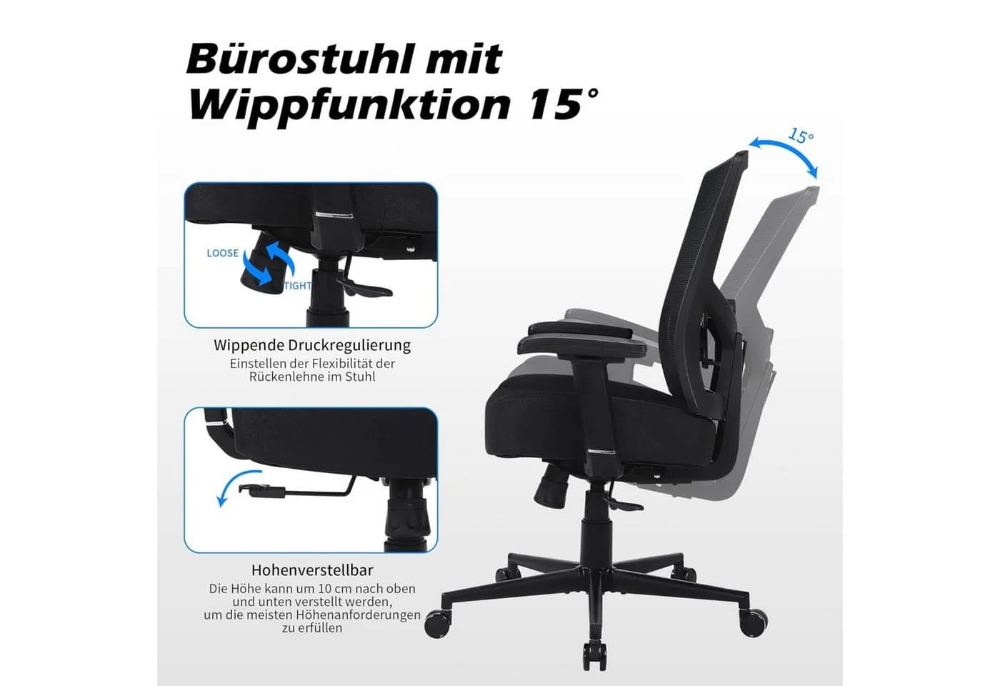 SeedWave Bürostuhl Ergonomisch 200kg Schwarz mit Lordosenstütze - Bild 3