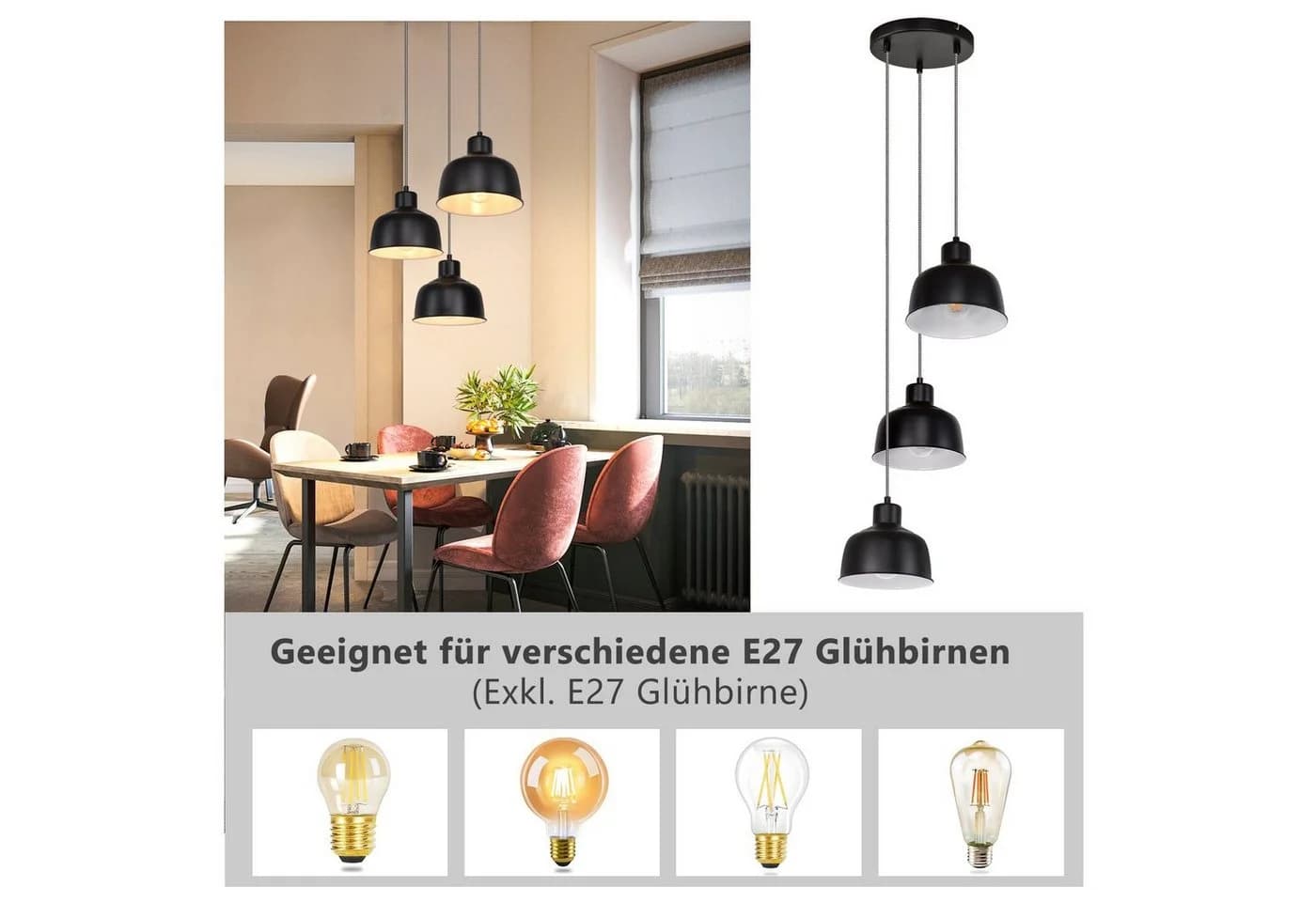 Nettlife Pendelleuchte Schwarz 1/3 Flammig Vintage E27 Hängeleuchte