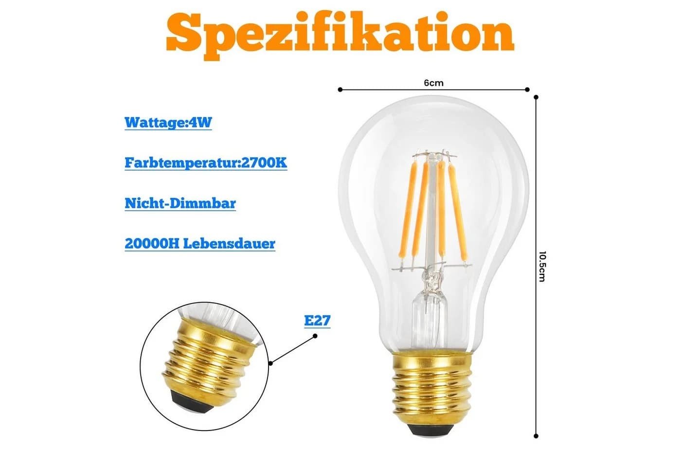 Nettlife LED-Leuchtmittel Glühbirne 4W 2700K E27 Vintage Edison A60