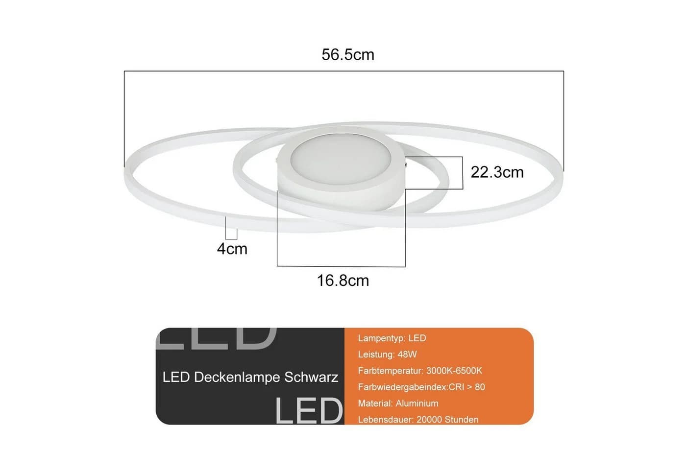 Nettlife LED Deckenleuchte Dimmbar Modern 48W Schwarz - Bild 3