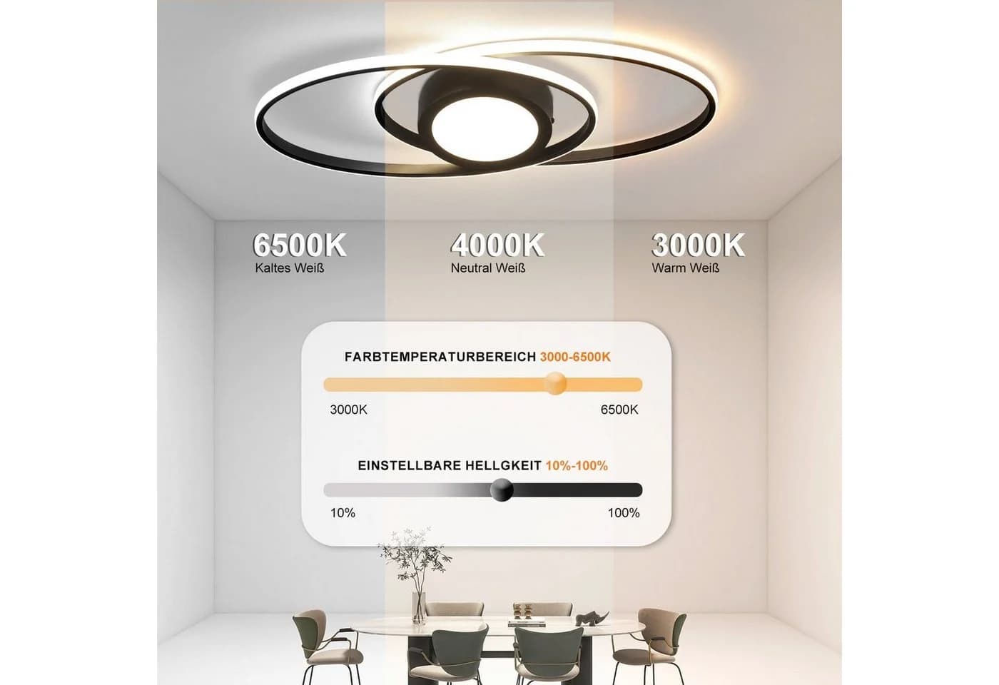 Nettlife LED Deckenleuchte Dimmbar Modern 48W Schwarz