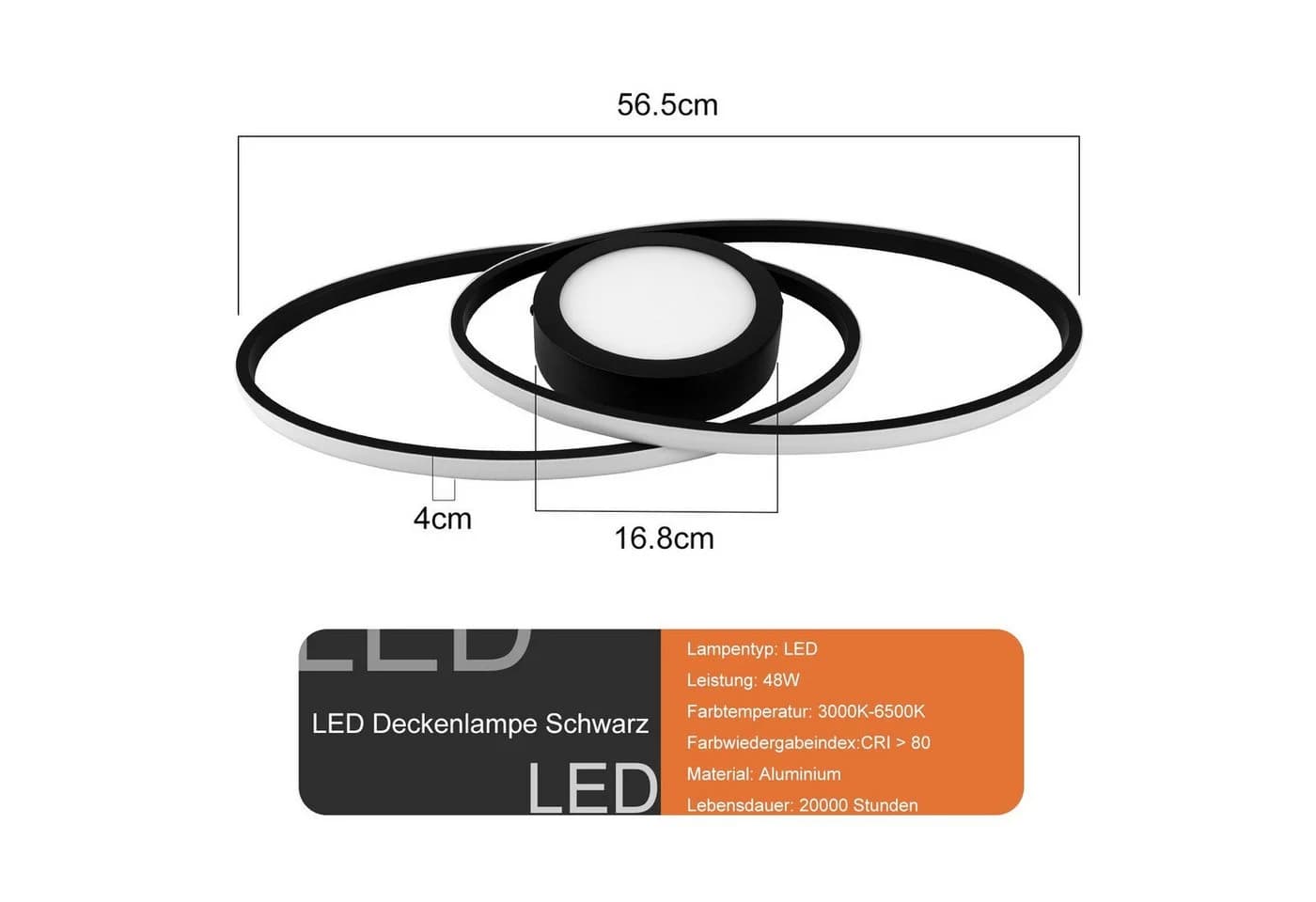 Nettlife LED Deckenleuchte Dimmbar Modern 48W Schwarz - Bild 3
