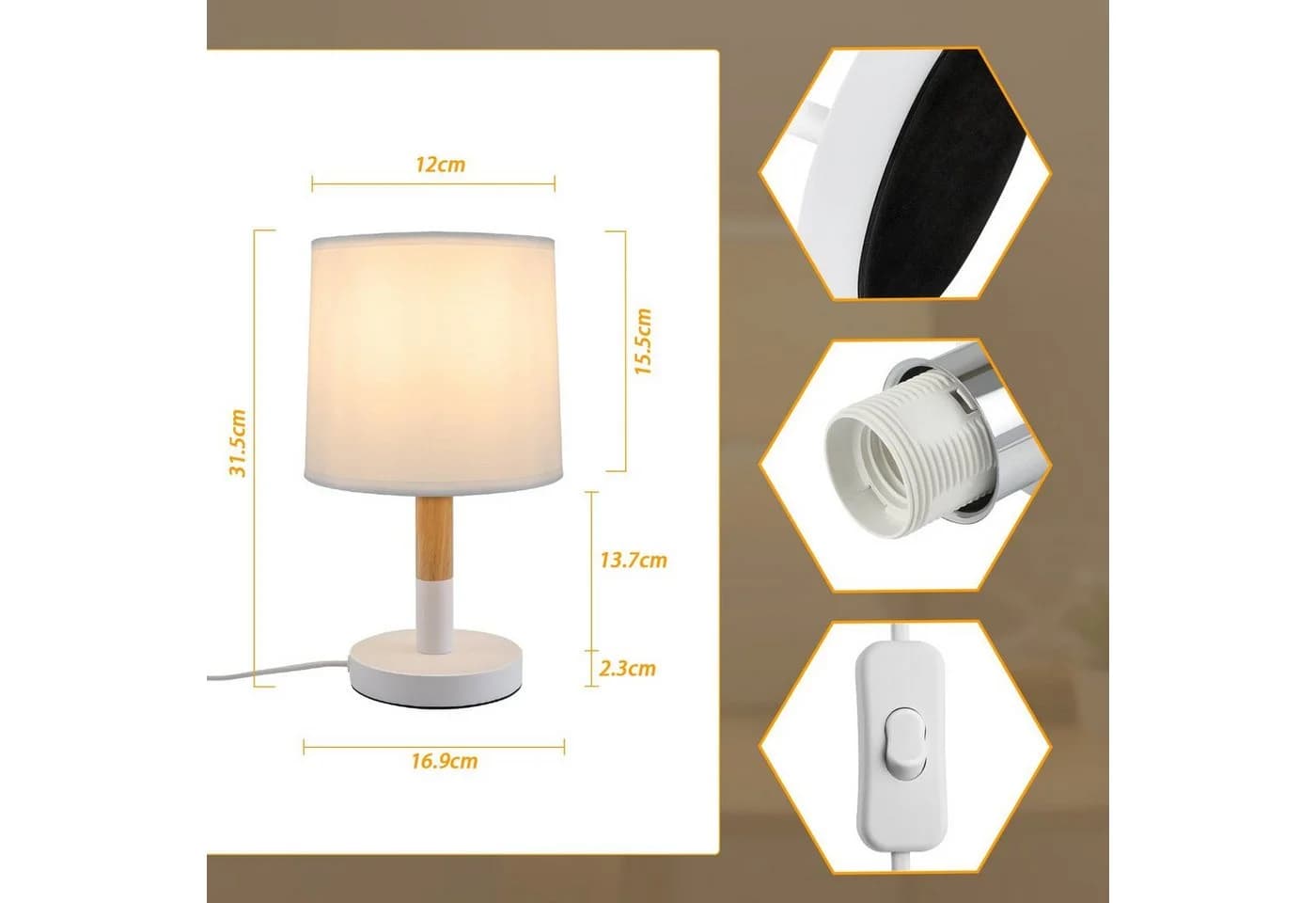 Nettlife Nachttischlampe Holz E27 Landhausstil mit Kippschalter - Bild 5